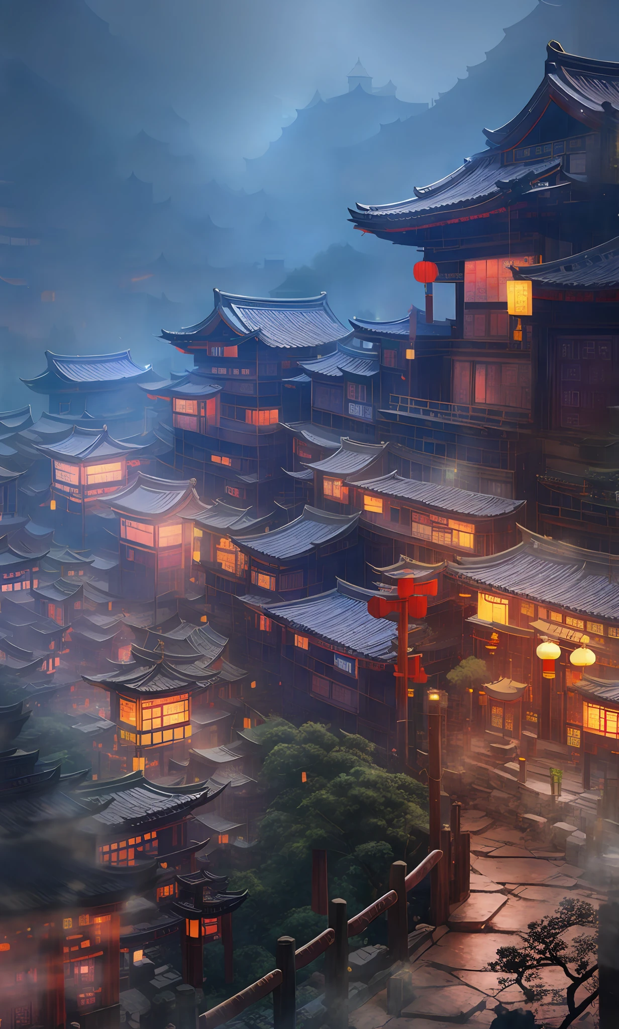arafed view of a chinese village with a lot of buildings, dreamy chinese town, ancient chinese architecture, chinese architecture, cyberpunk chinese ancient castle, beautiful render of tang dynasty, chinese village, andreas rocha style, japanese town, beautifully lit buildings, the style of andreas rocha, japanese city, chinese building, chinese style, like jiufen