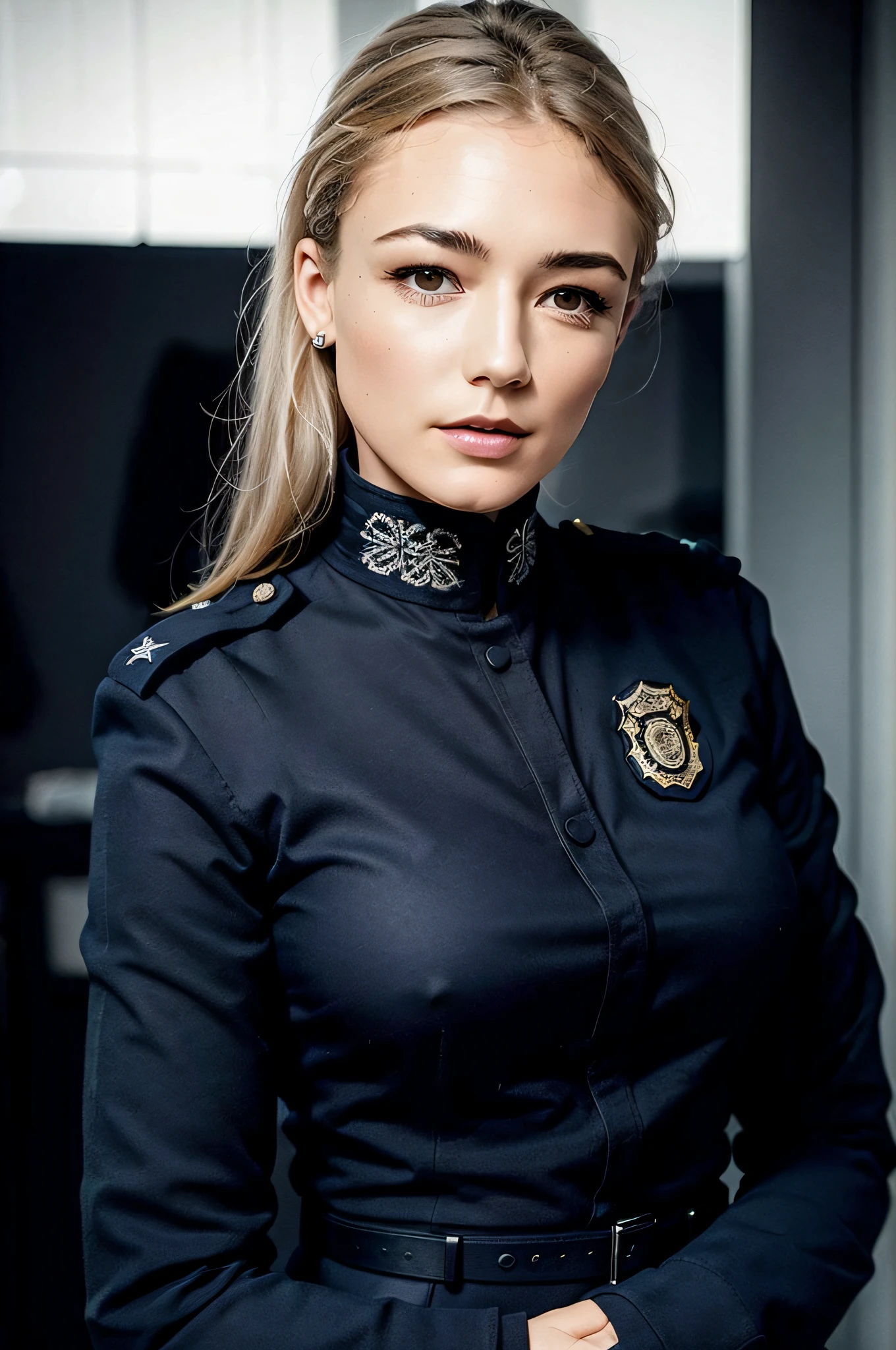 photo of a police woman, police station, police uniform, black stockings, hd, 8k, (intricate details, hyperdetailed:1.15) (skin texture:1.2), ((masterpiece)), (high quality), (best quality), (detailed), hd, perfect lighting, detailed face, detailed body