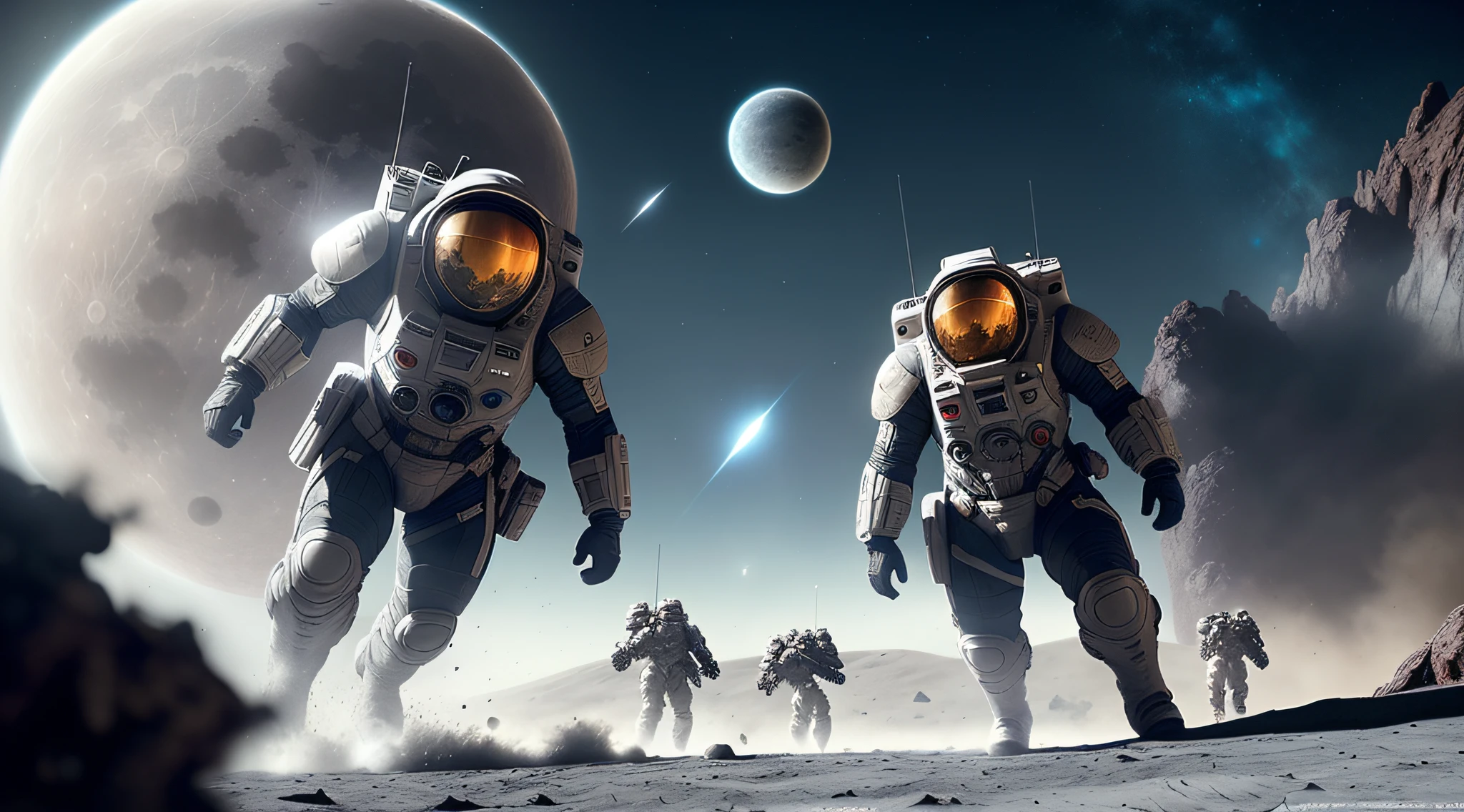 sc-fi,Intricate dynamic action shot of Huge weapons on the moon, wide angle, cinematic Alessandro Casagrande, Greg Rutkowski, Sally Mann, concept art, sc-fi, 2 atmosphere,detailed face and eyes,Masterpiece, best quality, highly detailed photo:1, 8k, detailed face,photorealistic background explosions,super shiny metal,extrem cute woman