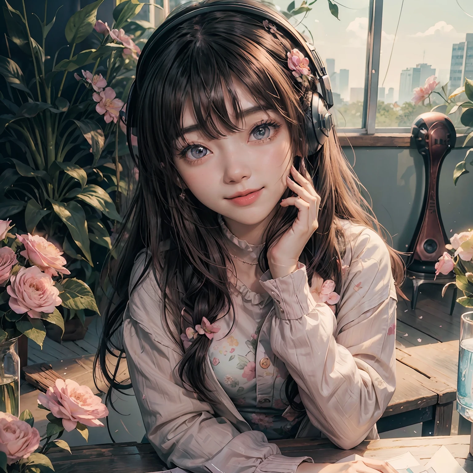 Masterpiece, best quality, (very detailed CG unit 8k wallpaper) (best quality), (best illustration), (best shadows) Delicate nature leaves Rainbow color petals falling in the air light Tracking, two boats, running super detailed flower (masterpiece), (best quality), (ultra-detailed), (full body: 1.2), 1girl, chibi, cute, smile, dream, lo-fi, bedroom,led rgb, listening to music, phone, music, jacket, blush, : 3, shirt, long hair, vibrant colors, pink headwear, blurry, black hair, blush stickers, long sleeves, bangs, headphones, pink flower, (beautiful detailed face), (beautiful detailed eyes), --v6