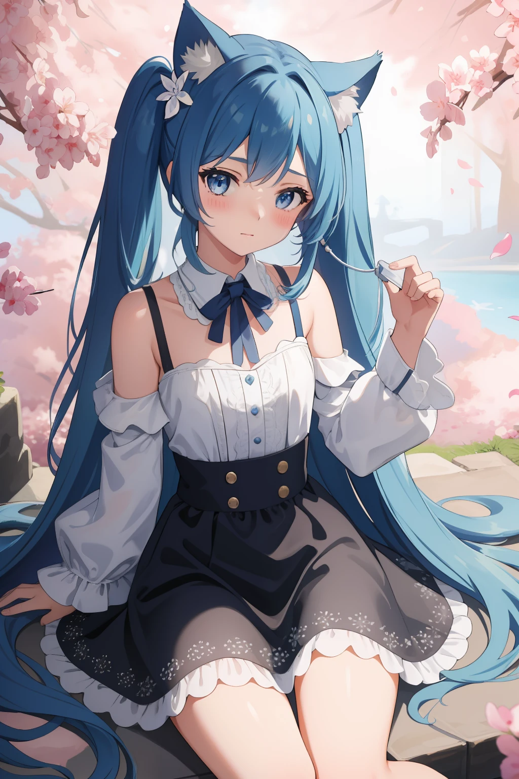 Show from the hips to the shoulders, sitting, flat chest, girl,woman,female, ,child,ars ol hair, sidelocks, blue hair, Beautiful face, blush, cat_ears, closed_mouth, small_breasts, blue eyes, pale skin, black_ribbon, dress, skirt, flowing lace, bare_legs, white Clothes, petals, The sun shines through the trees, butterflys flying around, Very detailed CG unified 8k wallpaper, very fine 8KCG wallpapers, absurdres,