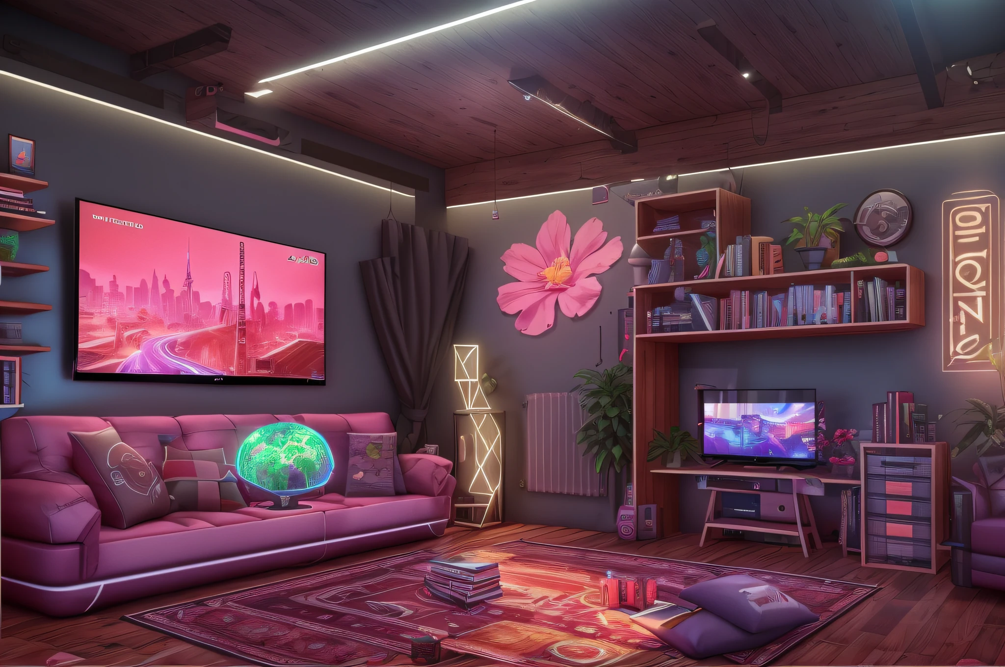 liveroom,Interior design,Game style,gaming console,wooden floor,Sculpt suspended ceilings,sofe、scenecy、a plant、wooden floor、janelas、inside in room、lamp lights、pillow head、desks、a chair、bookshelves、nerds、tvp、potted、carpets、flower pots、doors,Line lights,Cool cyberpunk style,neon trim,Big TV,SWITCH,PS5,XBOX,Creative home,Play games as a family,,tmasterpiece, best qualtiy,Art Deco, high detail, interior architecture, cinematic lighting, panorama, UHD, super detail, best quality, highres, high quality