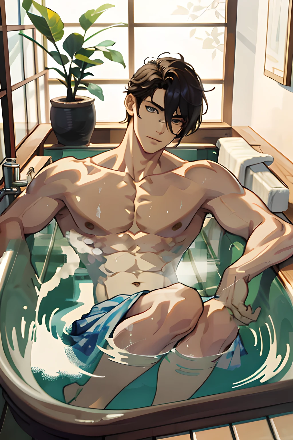 ((Soaking in the bathtub of the Japan))、The surface of the water ripples、Steaming with warm water