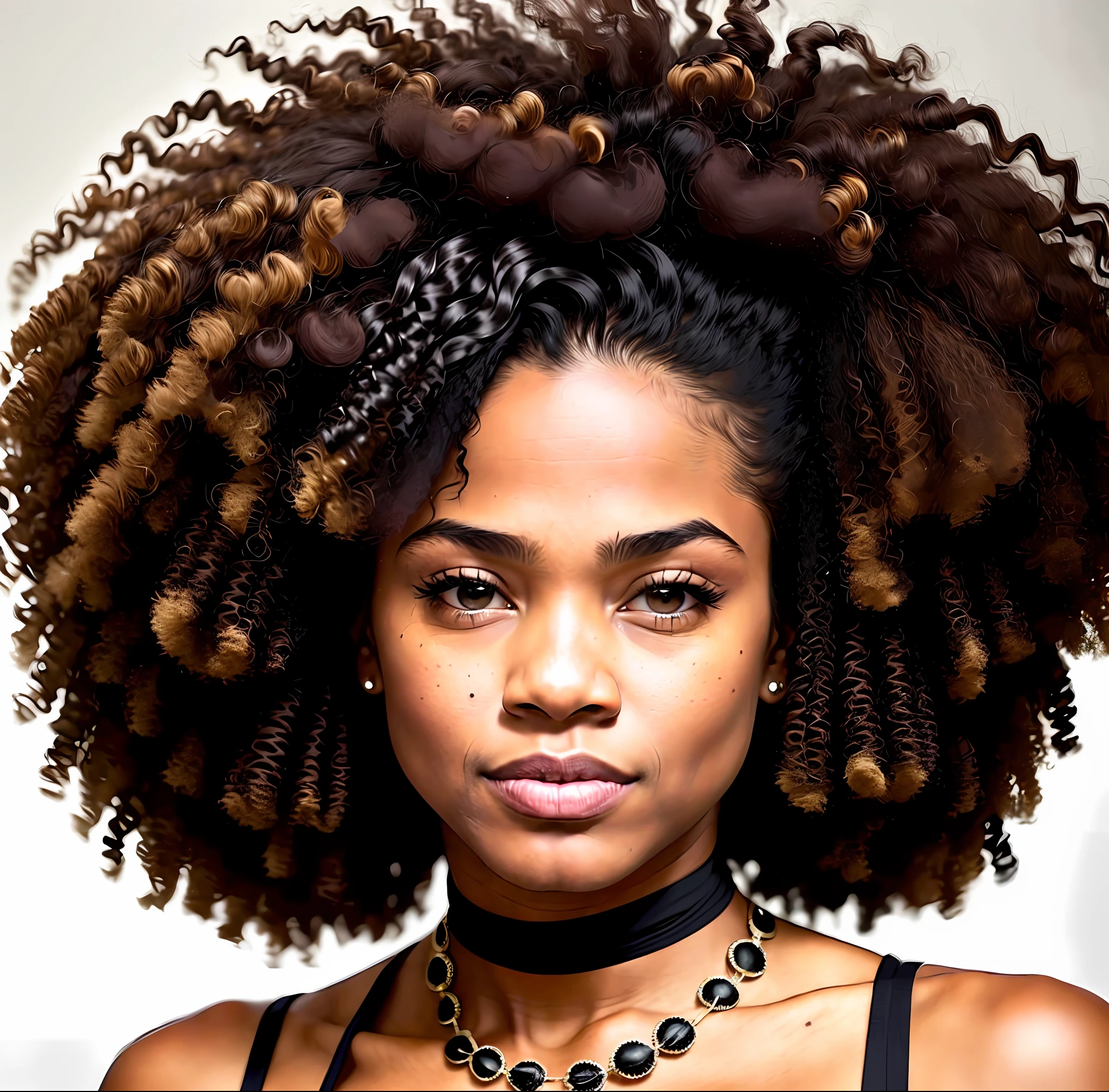 There is a woman with a very large afro with a strangulation in her neck, franja encaracolado, cabelo encaracolado preto, afro encaracolado, cabelos negros cacheados, cabelos cacheados, encaracolado, seu rosto emoldurado com cachos, cabelo curto preto encaracolado, cachos por cima, curly hair, cabelo afro, com afro, afro, Emmanuel Nathalie, curly middle part haircut, cabelos escuros cacheados