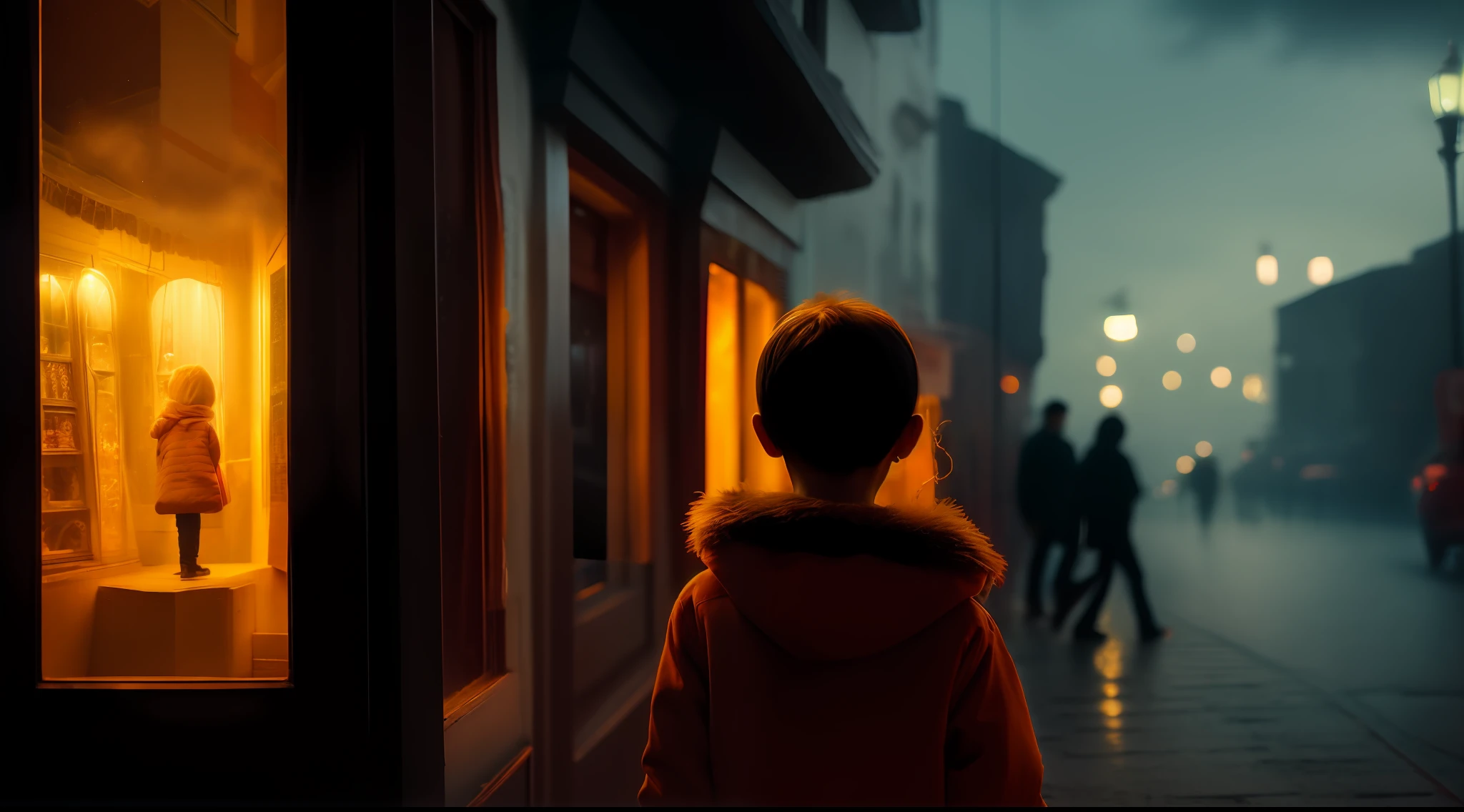 Realistic photograph of a street in the historic center of Lima, Peru, casas antiguas, Child looks at the window of a toy store with the lights on, escena misteriosa, Dark and temperamental photography, cinema film photography, Espacio liminal, nubes oscuras, Un objeto misterioso, Dark cinematic emptiness in the style of Floria Sigismondi and Matt Mahurin, Ultradetallado, realista, high resolusion, 4k, 8k, UHD, HDR, Detalles intrincados, foto detallada, film still, ((filtro black mist))