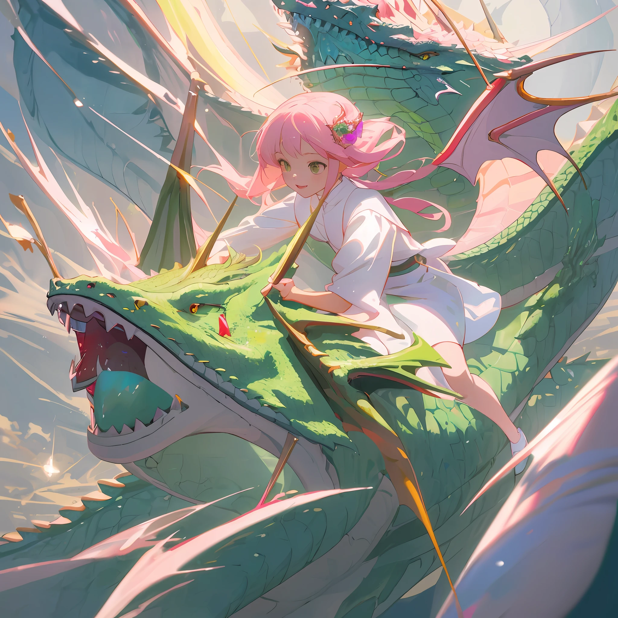 top-quality、masterpiece、hight resolution、ighly detailed、girl with、cute little、Crystal clear white skin、Functional、full body Esbian、a junior high school student、14years、(Hair color is shiny light pink)、low angles、(Flying astride a dragon:1.5)、Triumphant face、