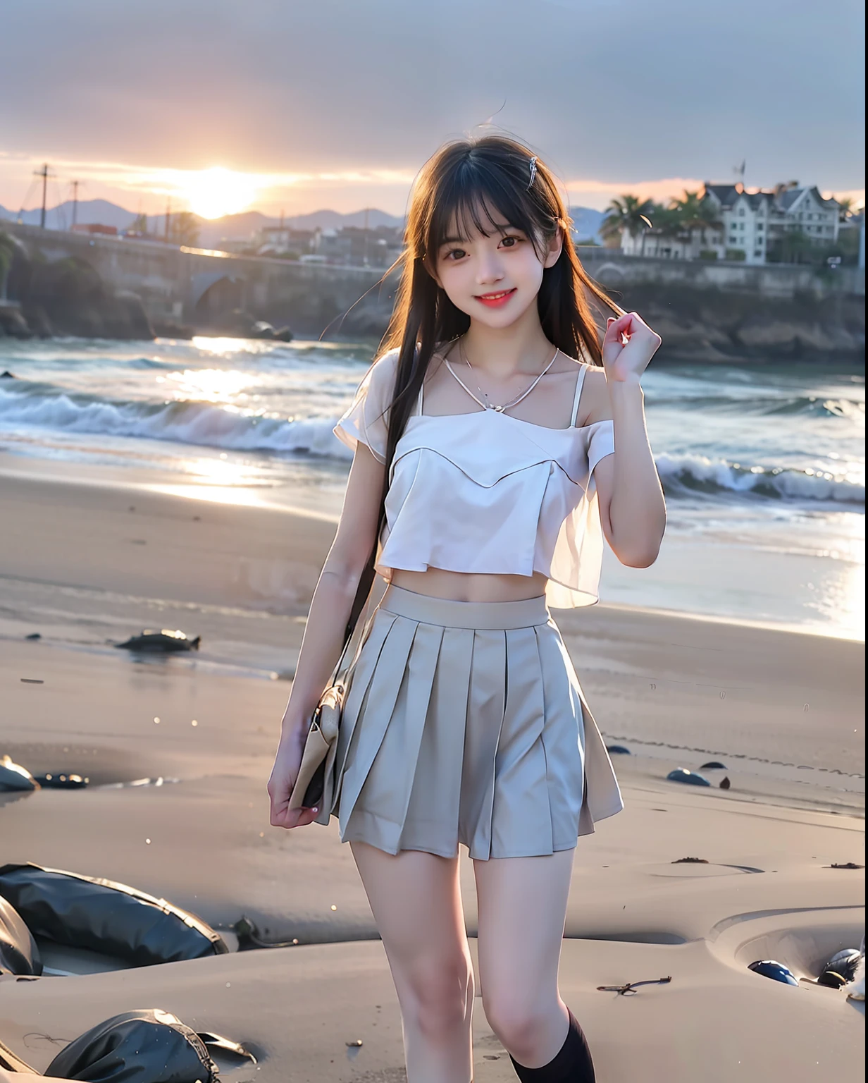 Coastal beauty, 1girl, (bright eyes, sun-kissed skin, carefree expression), beach background, lighthouse, soft sea breeze, playful pose, dynamic composition, golden hour lighting, blurred background, rich colors, fine details, surreal, 50mm lens, relaxing atmosphere. Portrait photography, 35mm film, natural blur, (upper body white chest wrap, lower body knee-length skirt), underage girl, good fingers, smile, full body, slender legs, cute tiger teeth