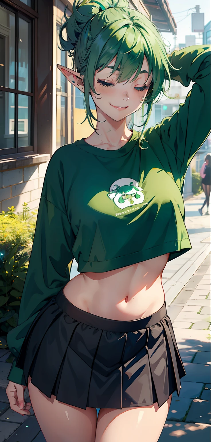 1 Girl, eyes closed, nose, elf ear, eyebrow, smiling, teeth, big green hair, blue hair ends, bangs, hair between eyes, lora:add_detail, short sweatshirt on belly, short skirt, slim waist, belly , big chest, thick legs, big thigh, standing