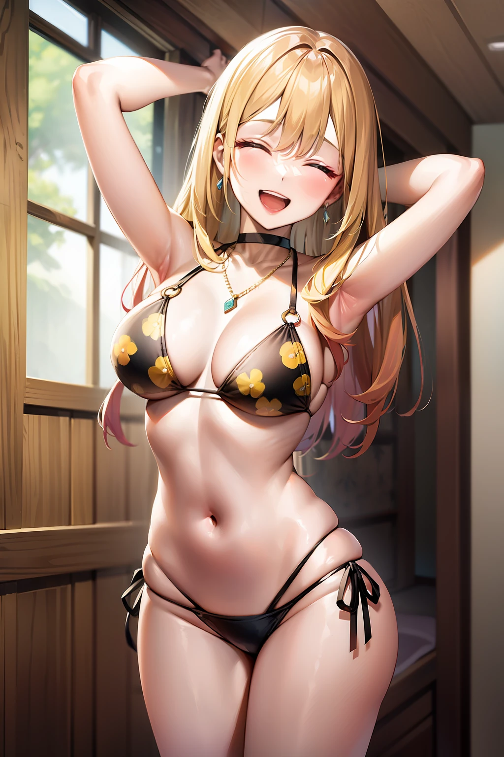 (((masterpiece))), MarinKitagawa, 1girl, solo, long hair, smile, open mouth, blonde hair, navel, cleavage, jewelry, medium breasts, swimsuit, closed eyes, bikini, cowboy shot, earrings, choker, indoors, necklace, v, black bikini, side-tie bikini bottom, black choker, piercing, floral print, ear piercing, string bikini, facing viewer, print bikini,