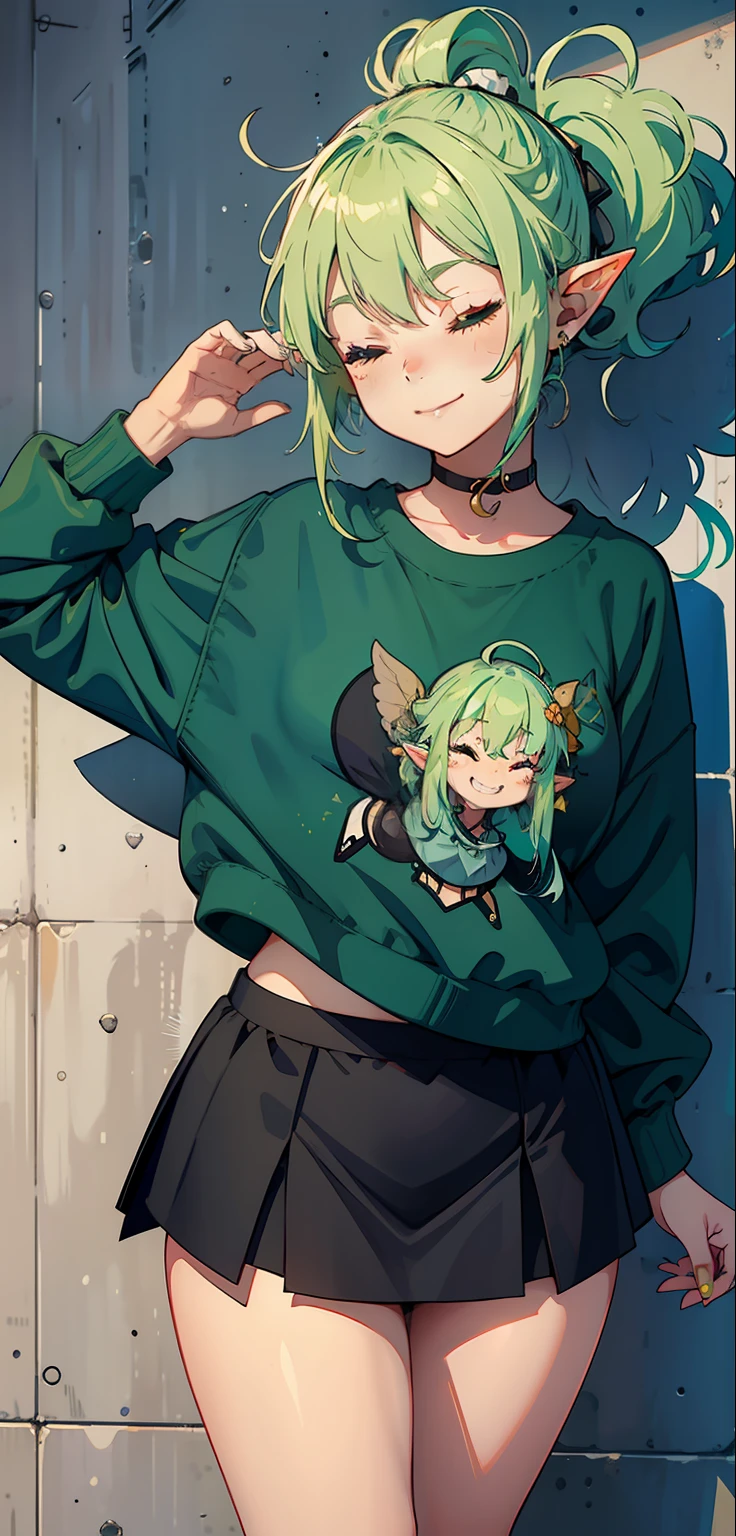 1 Girl, eyes closed, nose, elf ear, eyebrow, smiling, teeth, big green hair, blue hair ends, bangs, hair between eyes, lora:add_detail, short sweatshirt on belly, short skirt, slim waist, belly , big chest, thick legs, big thigh, standing