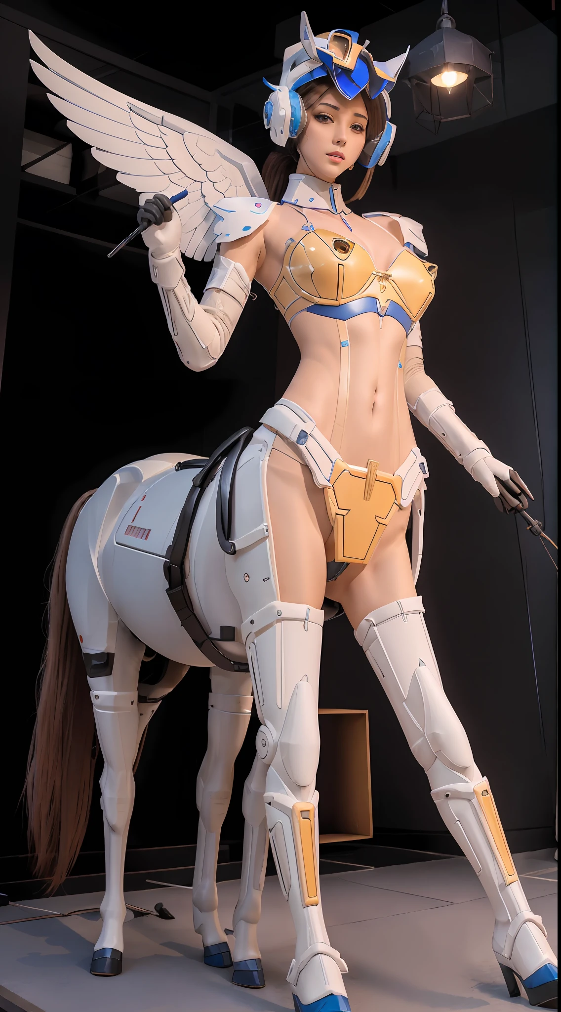 Female centaurs，She is famous in the multiverse，She is both a female centaur, half human, half horse, half horse，is also a female heroine。She mixed two images，The first is a horse's head/Neck/Shoulder these parts，After feminization，The upper body transforms into a beautiful human，Female, Centaurs, Half-human, half horse, Half-human，The second is the waist of the horse/hason/gluteal/Feminization of the legs，Female half-horse with beautiful woman's，Chimer，It's like a female human wearing a half-horse costume，Make seamless chimeras。，This chimerization is based on powerful futuristic technology。The ultra-wide-angle lens captures images of her sleek, ethereal wings charging and jumping across the ionosphere。Her front half is distinctly feminine，Tall and sexy body，Has K-cup teardrop-shaped breasts chest，It has a small man's waist butterfly spanning long legs，The half-horse part of the hind body，Embedded in the front half of the body's hip position。The back half of her body is horse-shaped，Half-horse torso，The morphology is completely feminine，humanized，Start at the upper end of the sternum，Embedded in the lower back position of the beauty body，Sexy bent dog-style chest/lower back/Ventral，Then there are the straight buttocks of sexy beauties，Her entire body has been completely feminized，Including the half-horse part，Mechanized armor covers knee-shaped anti-joints and feet，And these parts are highly anthropomorphic，This gives her legs a graceful and slender line，She has four slender legs like a supermodel，Under the legs are skinny white feet wearing skyscraper heels，Use the advanced stroke tools and color palettes halfway through, and texture packs, Model package, and texture tools，Concentration，Feminize all parts of its original horse's physiological appearance，And give these parts an ergonomic appearance，Fine treatment of the thoracic and abdominal cavity of the hind body，As well as the hips and legs，Closely connected structural details，Tighten the transverse chest, Abdom