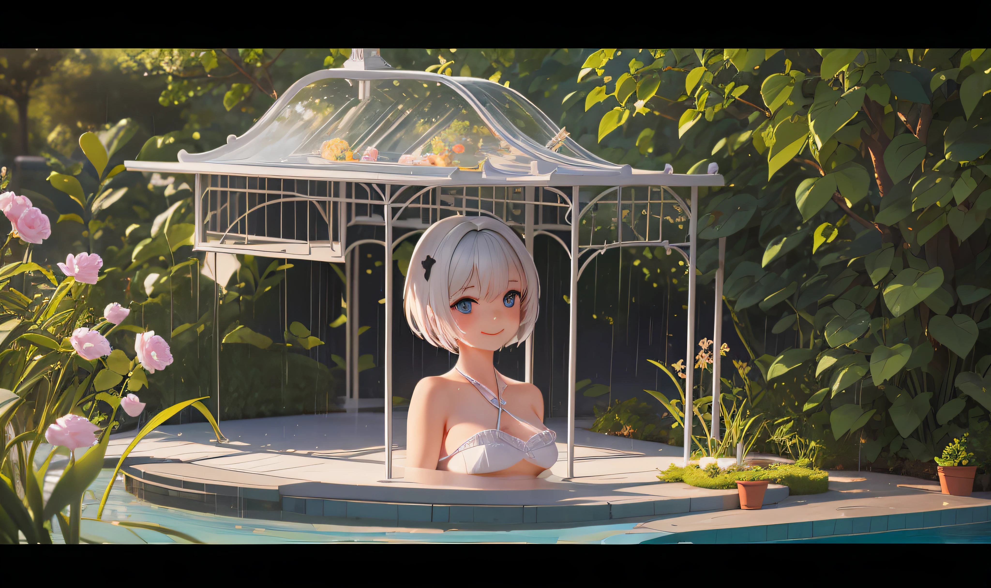 (8k, best quality, masterpiece:1.2), (realistic, photo-realistic:1.37), super detailed, 1 girl, cute, solo, beautiful detailed sky, detailed cafe, night, sitting, dating, ( red nose), (smile: 1.15), (shut up) small , beautiful and delicate eyes, (collared shirt: 1.1), night, wet, business attire, rain, white lace, (short hair: 1.2), floating hair NovaFrogStyle , topless,