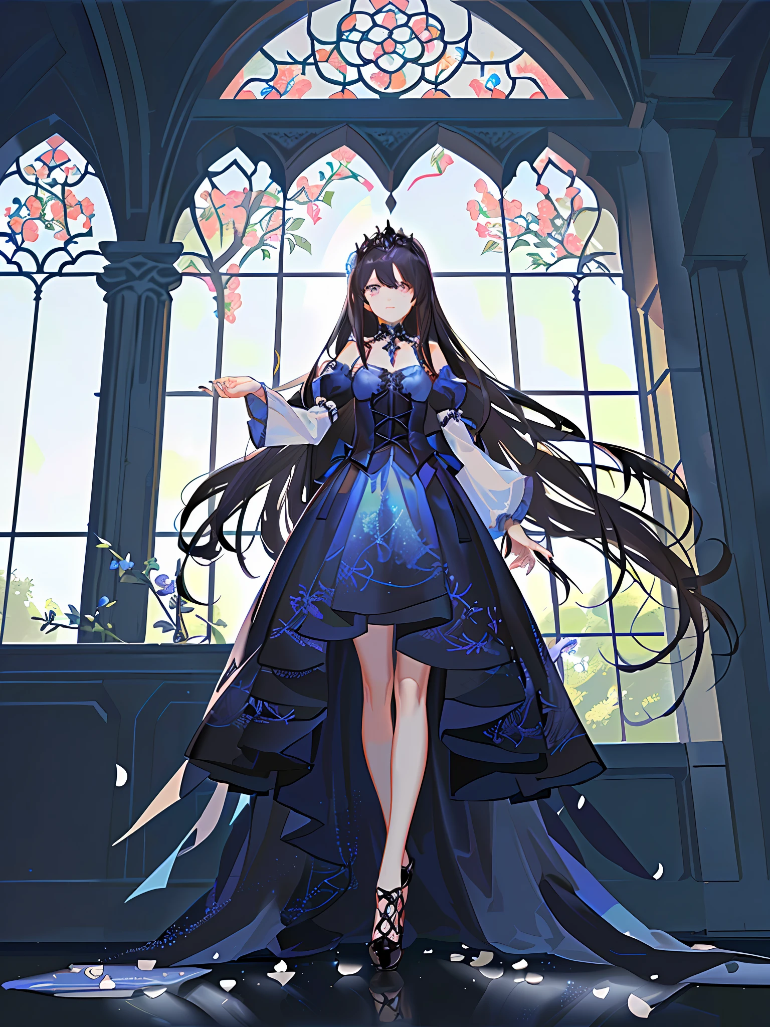 ((​masterpiece))、((top-quality)、(The ultra-detailliert)、(illustratio)、((extremely delicate and beautiful))、(dynamic ungle)、
1girl, florals, springtime, beside a window, roses, Very long hair, A detailed face, long eyeslashes, flowers in the eyes, frilly sleeves, corsets, tiarra, A Princess,
a purple eye、wide-eyed、A clear sky、sunlights、Sunny、Dark blue dress、roses、A dark-haired、Patterned clothing、(Low Gothic:1.4)、Thick bottom heel、dark blue thighs、Standing Picture