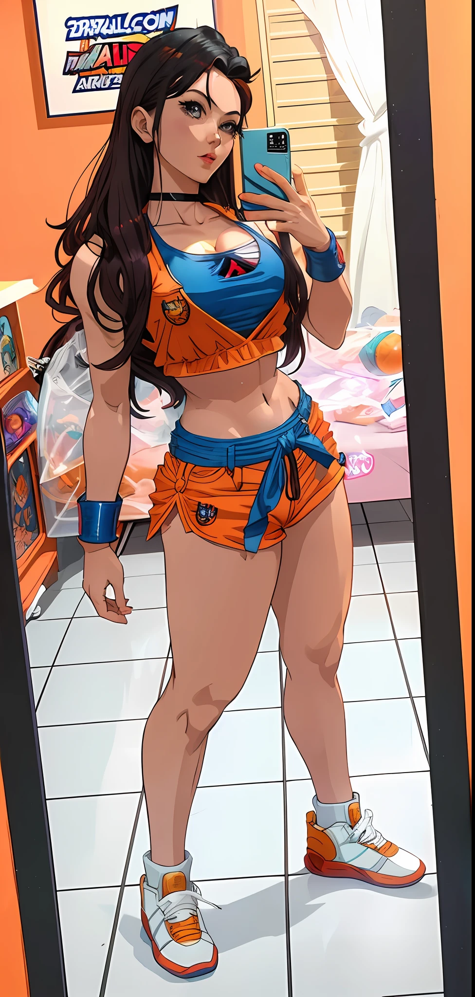 There's a woman in a bikini and shorts taking a selfie, Goku Feminino, menina saiyajin, Personagem Dragonball, imagem de corpo inteiro, Bulma de Dragon Ball, inspirado em Akira Toriyama, Goku de Dragon Ball, Cosplay, Goku de Dragon Ball Z, Dragon Ball, posando pronto para uma luta, Cosplay completo, Goku de Dragonball Z