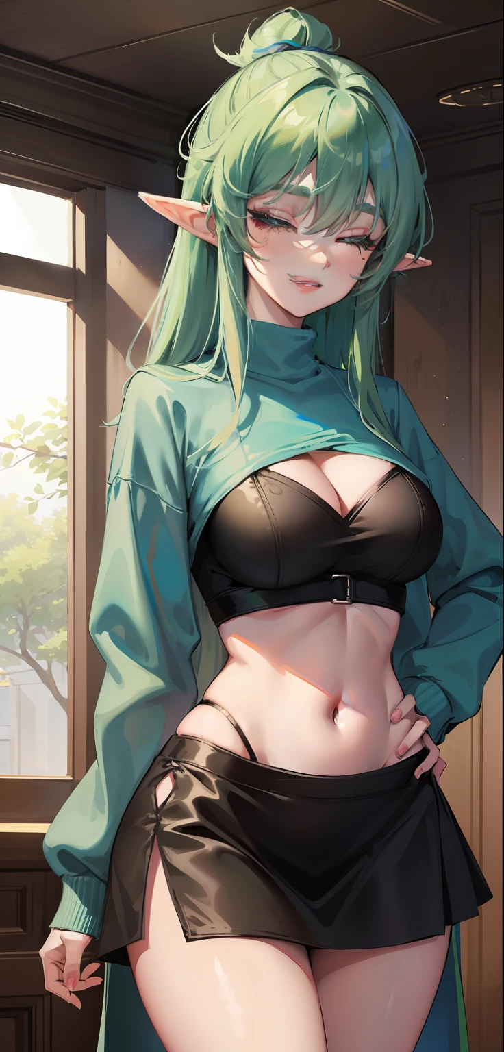 1 Girl, eyes closed, nose, elf ear, eyebrow, smiling, teeth, big green hair, blue hair ends, bangs, hair between eyes, lora:add_detail, short sweatshirt on belly, short skirt, slim waist, belly , big chest, thick legs, big thigh, standing