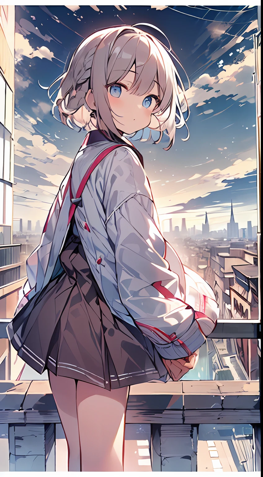 masutepiece, Best Quality,Illustration, Wallpaper, Ultra Detail, absurderes, 1loli, Solo, (Medium short hair、short braided hair), Beautiful detailed eyes , (Street:1.3), luminous sky、Hair that flutters in the wind,(a panoramic view:1.3),(Sense of depth:1.5),(longshot:1.3)