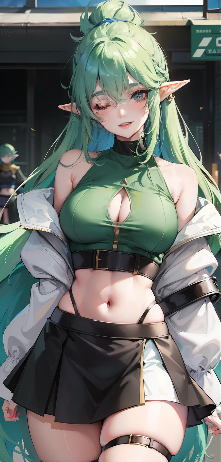 1 Girl, eyes closed, nose, elf ear, eyebrow, smiling, teeth, big green hair, blue hair ends, bangs, hair between eyes, lora:add_detail, short sweatshirt on belly, short skirt, slim waist, belly , big chest, thick legs, big thigh, standing