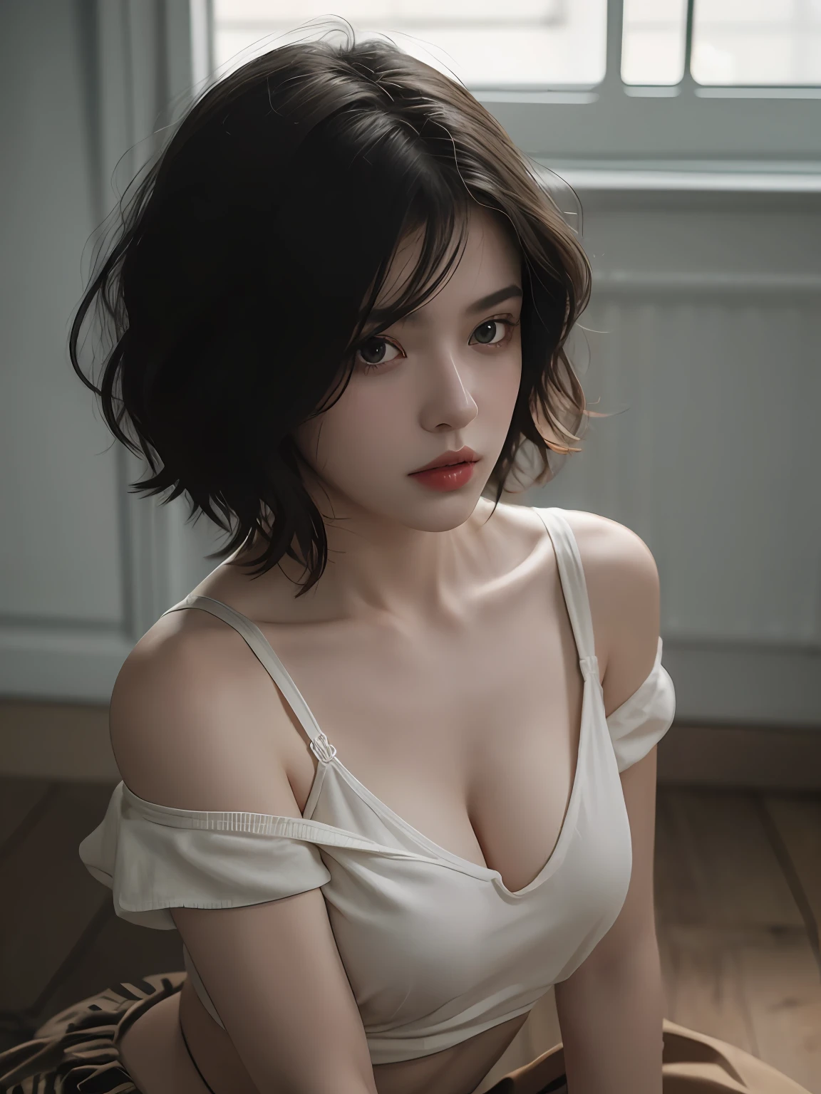 Best quality, masterpiece, ultra high res, (photorealistic:1.5), raw photo, 1girl, offshoulder, in the dark, deep shadow, low key, cold light, sexy look, short hair,no bra,free,sexy,,