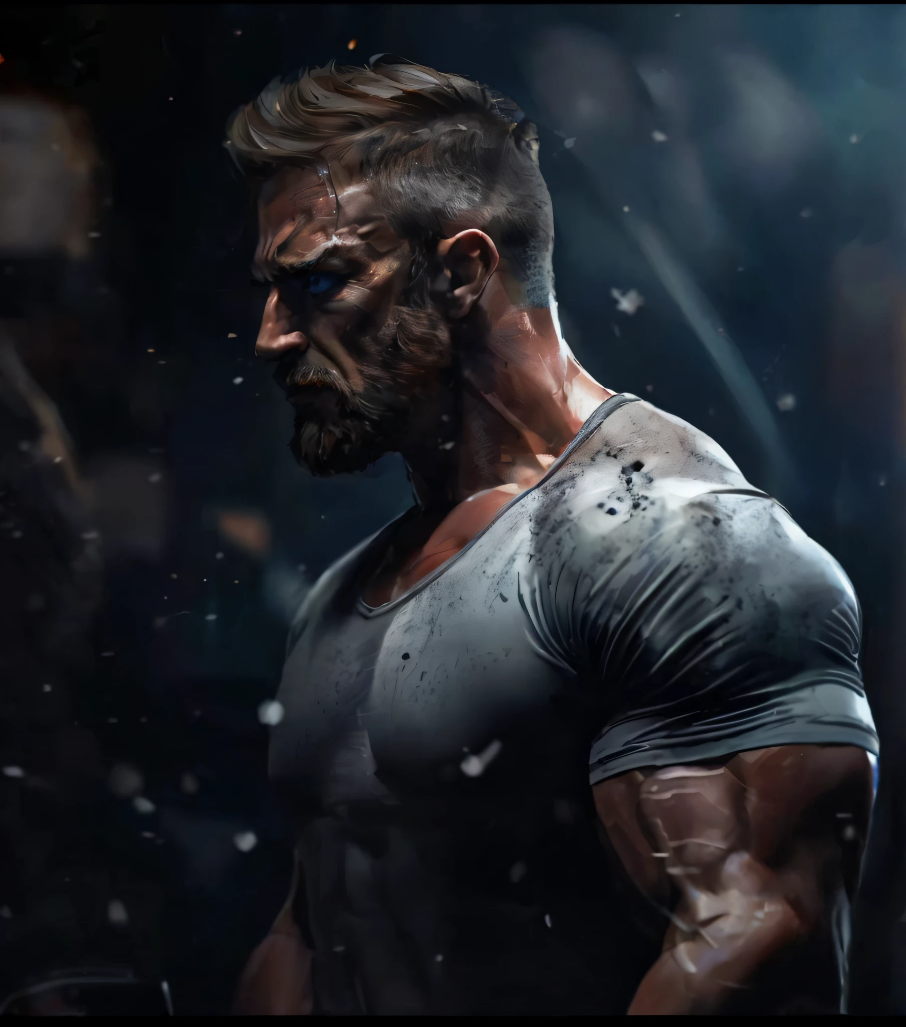 a close up of a man with a beard and a shirt, muscular character, arnold 3 d render, arnold 3d render, arnold rendering, musculous，Frightening, arnold maya render, Highly detailed VFX portrait, cinematic body shot, muscular features, concept art like ernest khalimov, ultrarealistic digital art, Arnold and Zrash, exaggerated muscle physique