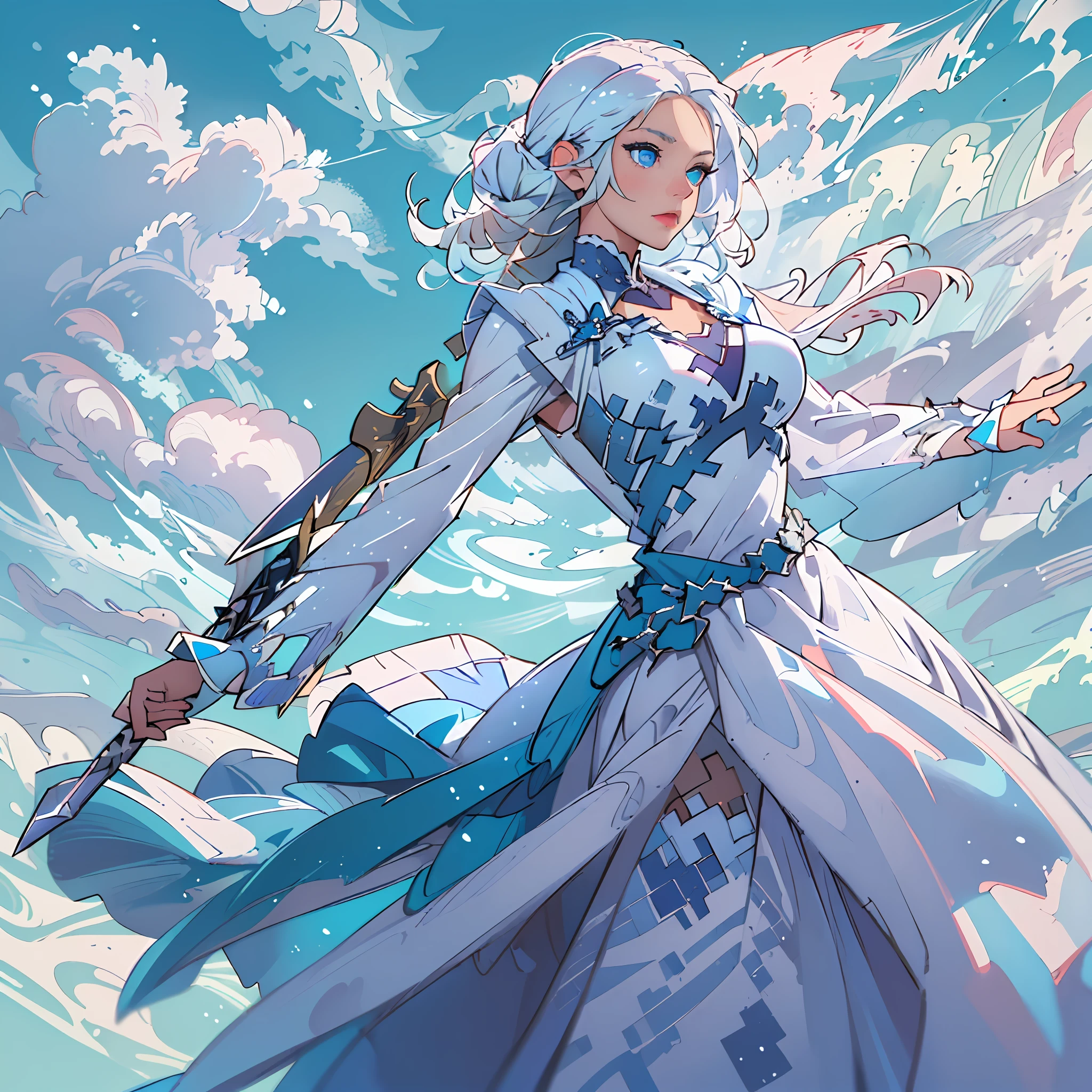 ((Best Quality, Masterpiece): 1.2), white hair, blue eyes, swordswoman, blue sky and white clouds, ballgown dress, blue dress, incredible detail and stunning artwork with dynamic composition, stunning lighting and vibrant colors. High resolution and flawless execution.