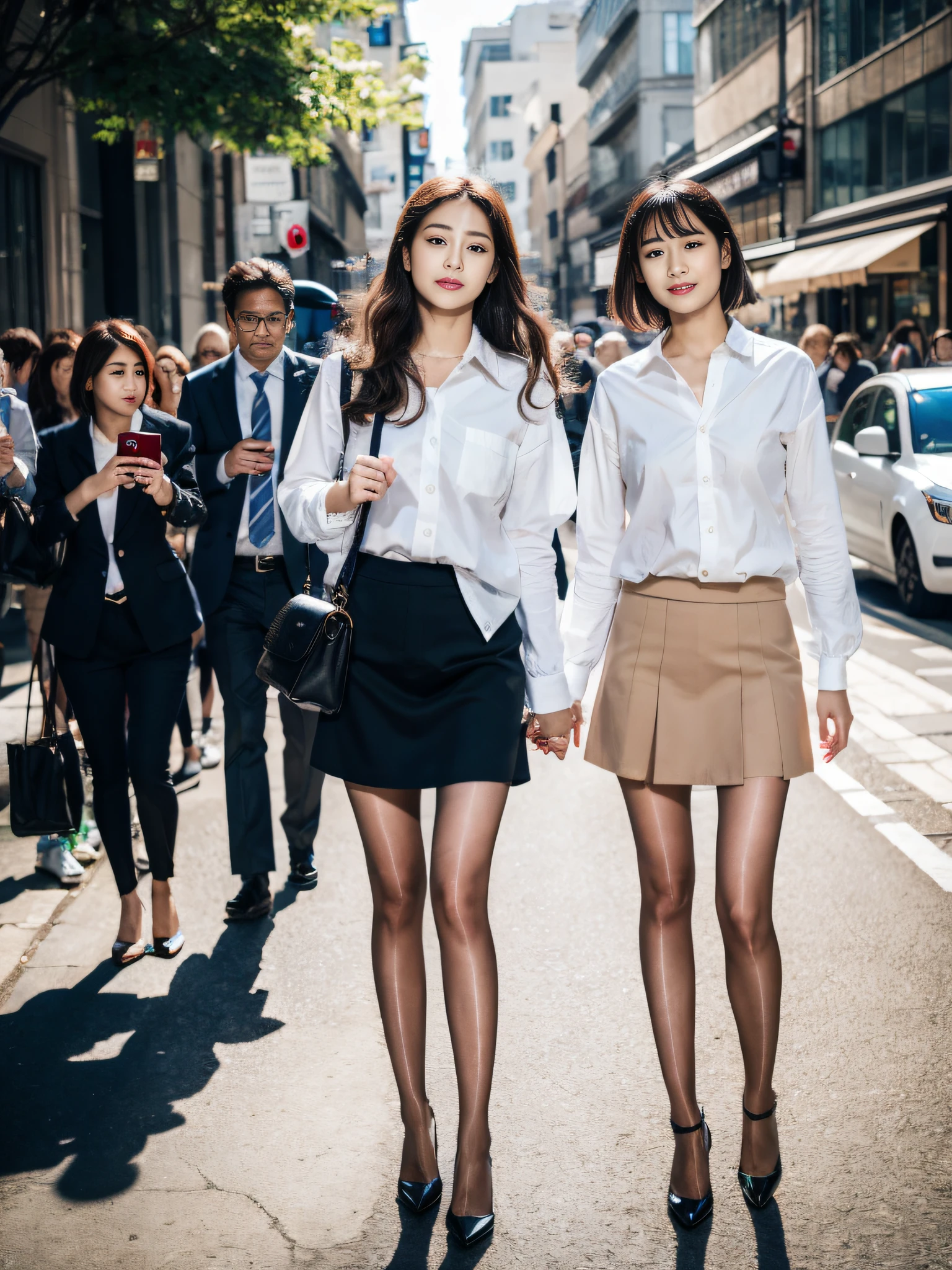 ,(RAW photo:1.2), (Photorealistic:1.4), Street photography,Beautiful Meticulous Girl, very detailed eyes and faces, Beautiful detailed eyes, ultra - detailed, A high resolution, The is very detailed，best qualtiy，3个女孩，tmasterpiece，Stylish clothes，a skirt，illustratio，The is very detailed，unified，8k 壁纸，finely detailled，tmasterpiece，best qualtiy，Unity8k wallpapers，light in face，cinmatic lighting, 3个女孩, Go in a row，16 yaers old，(Camel toes)，(full bodyesbian)，are standing，鎖骨，Stylish clothes,Long legs，high-heels，the street，城市