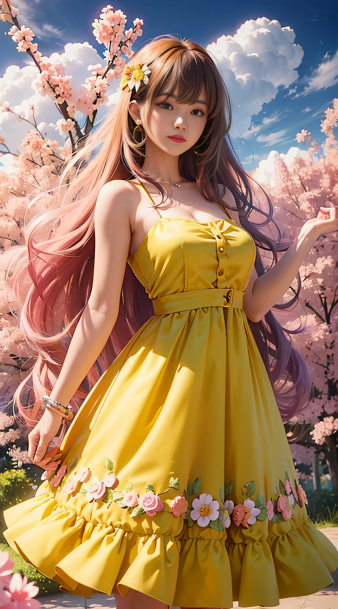 Close-up of a woman in a yellow dress standing in front of a tree, Anime style. 8K, style of anime4 K, cute anime waifu in a nice dress, Beautiful anime girl, beautiful sunflower anime girl, anime styled 3d, Beautiful anime style, Guviz-style artwork, High quality detailed art in 8K