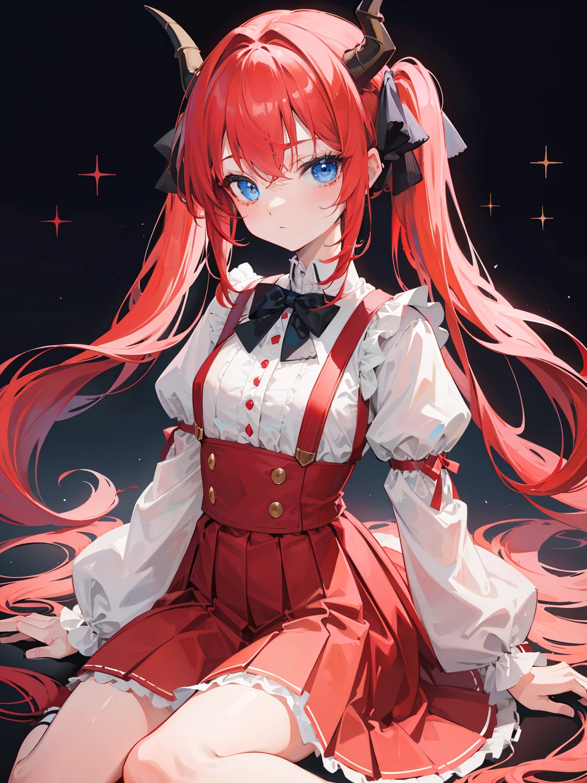 {{Best quality}}, {{Masterpiece}}, {{Ultra-detailed}}, {illustration}, {Detailed light}, Red hair,Blue eyes,double tails,Lolita,suspender skirt,Fantastic,Loli,Solo,Dragon horns,Little girl,Long hair