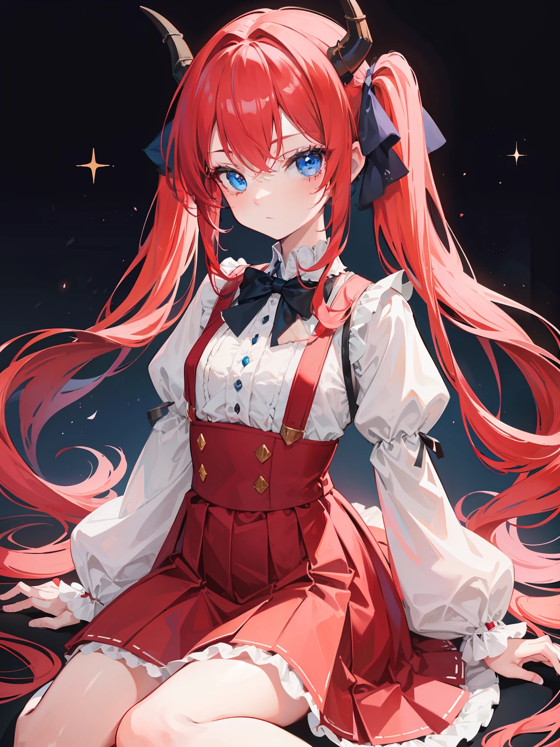 {{Best quality}}, {{Masterpiece}}, {{Ultra-detailed}}, {illustration}, {Detailed light}, Red hair,Blue eyes,double tails,Lolita,suspender skirt,Fantastic,Loli,Solo,Dragon horns, girl,Long hair