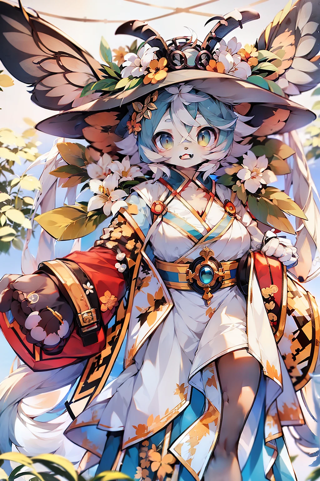 女の子 1 人、top-quality、Photorealsitic: 1.37、超A high resolution、masterpiece、outside of house、A detailed eye、Nice eye makeup、authentic skin、perfect anatomia、short-hair、A detailed face、Bee costume、Jar of honey、flower field、blue-sky、Into the cloud