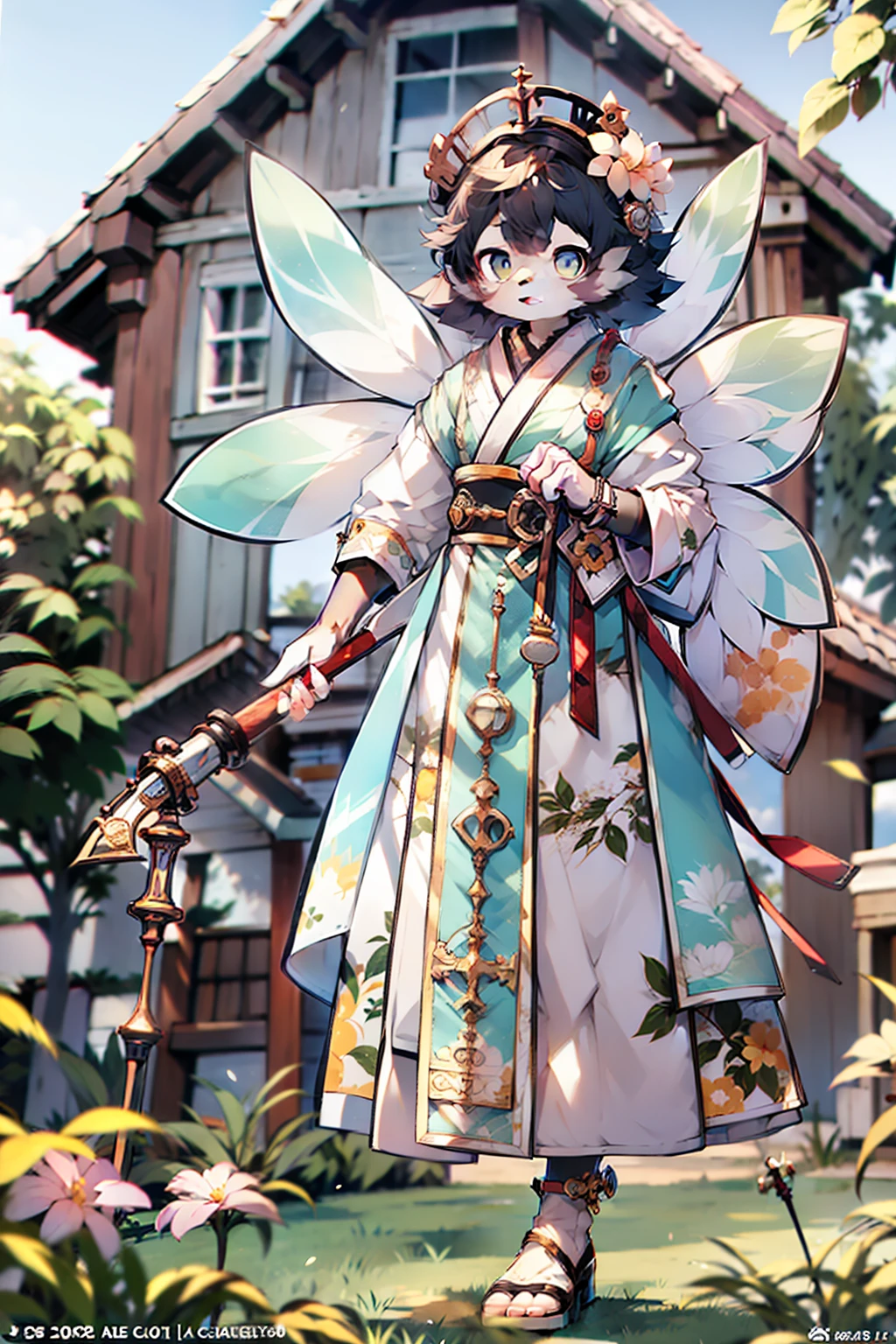 女の子 1 人、top-quality、Photorealsitic: 1.37、超A high resolution、masterpiece、outside of house、A detailed eye、Nice eye makeup、authentic skin、perfect anatomia、short-hair、A detailed face、Bee costume、Jar of honey、flower field、blue-sky、Into the cloud