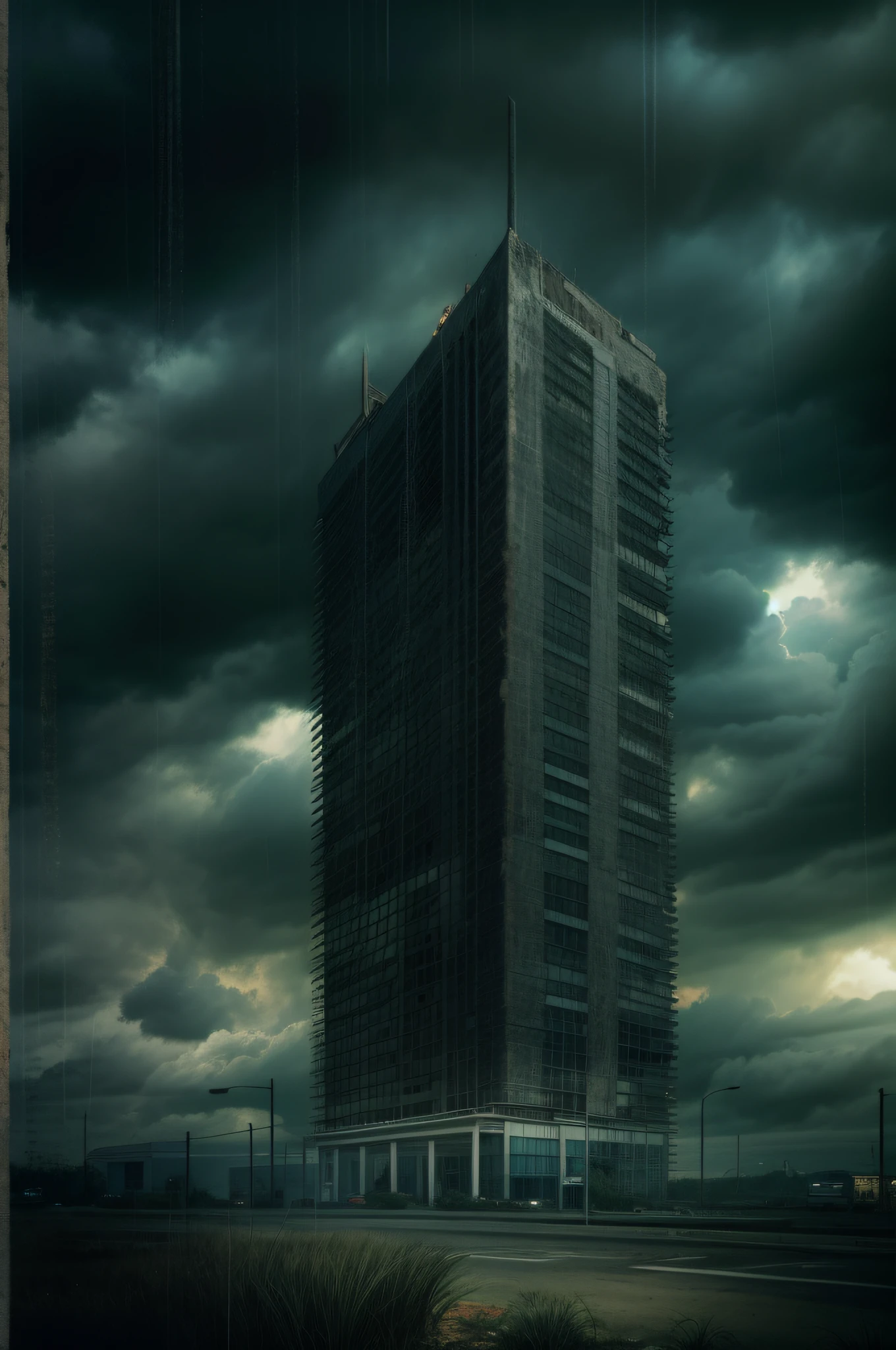 A building，dark stormy clouds，Towering over the landscape，uncanny，thriller，