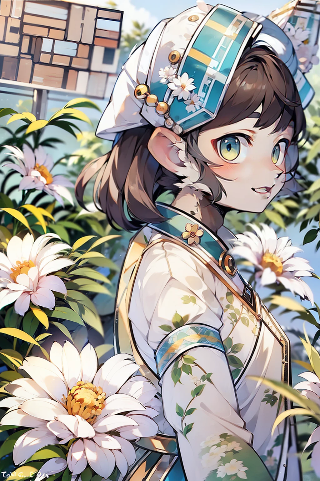女の子 1 人、top-quality、Photorealsitic: 1.37、超A high resolution、​masterpiece、outside of house、A detailed eye、Nice eye makeup、authentic skin、perfect anatomia、short-hair、A detailed face、Bee costume、Jar of honey、flower  field、blue-sky、Into the cloud