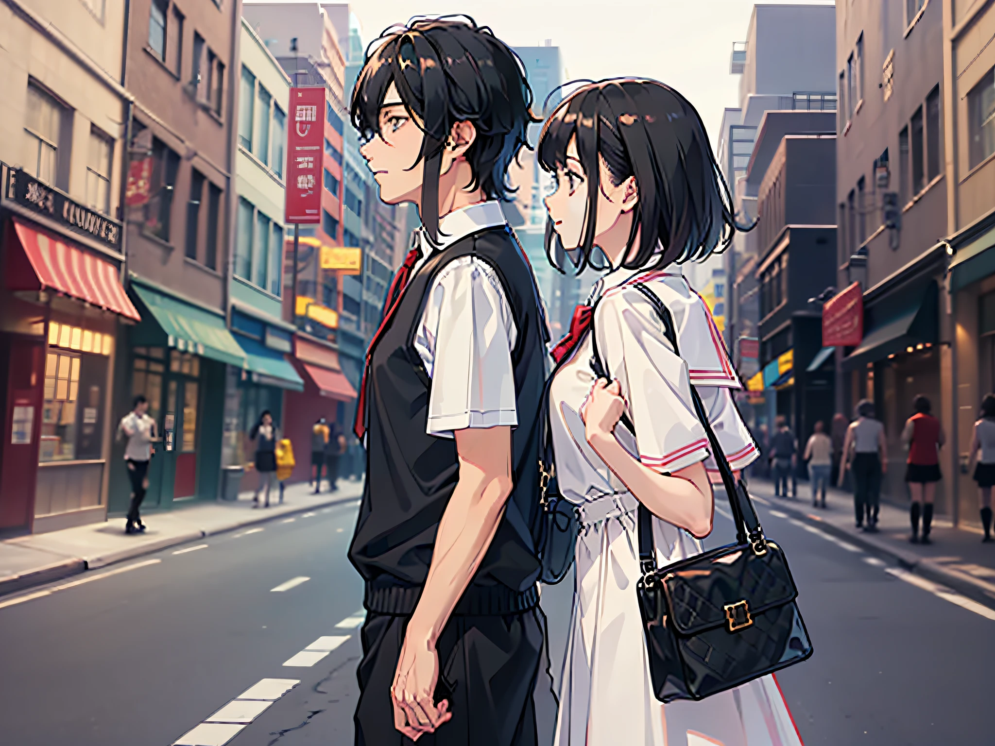 Black-haired woman and black-haired man walking together, short-sleeved school uniform, sweet