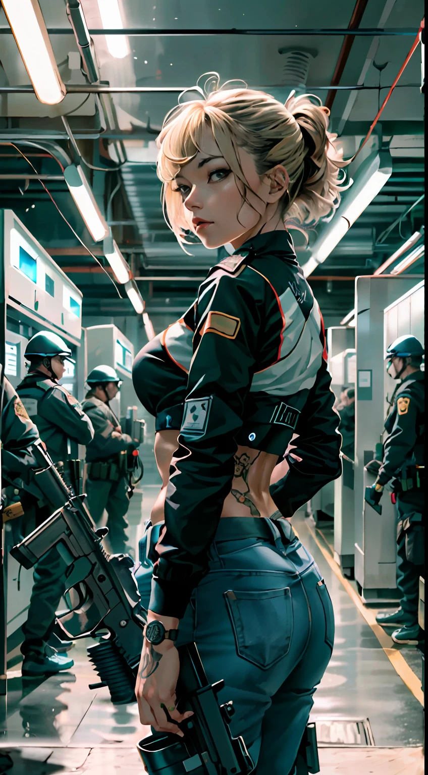 (tmasterpiece,best qualityer),1 girl,blond hairbl,A-line hairstyle,Body,arms crossed behind back,LED panel lights are arranged in a square manner,Imitates existing interior lights,Dystopian slums,Police weapons are controlled by local gangs equipped with hackers,For example, The EMP blaster and Taser shotgun have huge busts,Mermaid line,Abs,Tattooed with,(Fighting action)