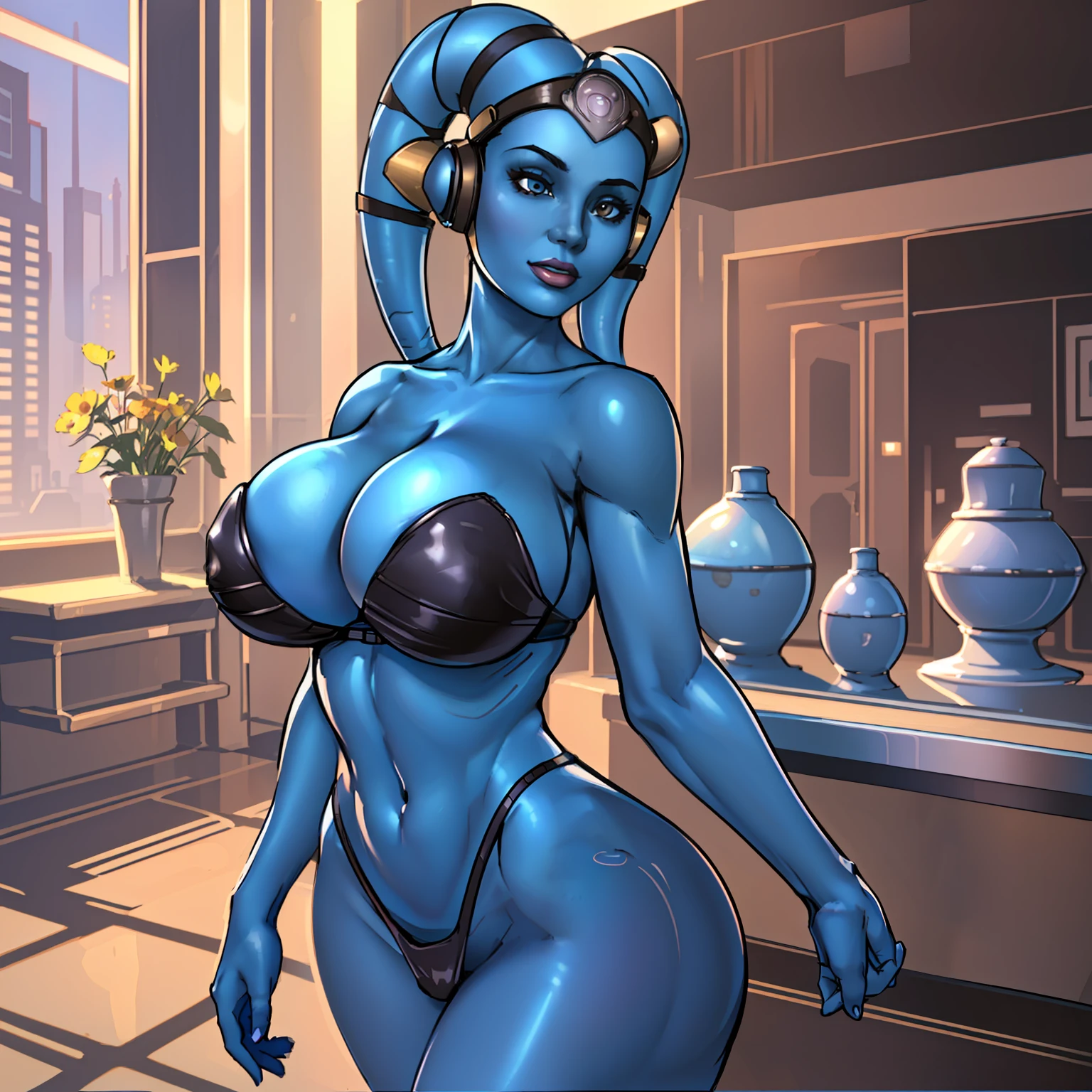 1girl, masterpiece, best quality, high-definition, Blue skin Twi'lek with huge boobs, busty, breasts, ((blue skin), twi'lek), sexy, confident, seductive, (naked, ((busty))), slender body, thin, slim sexy body, slim waist, (((((huge boobs, huge breasts, cleavage)))))), futuristic apartment, Star Wars,