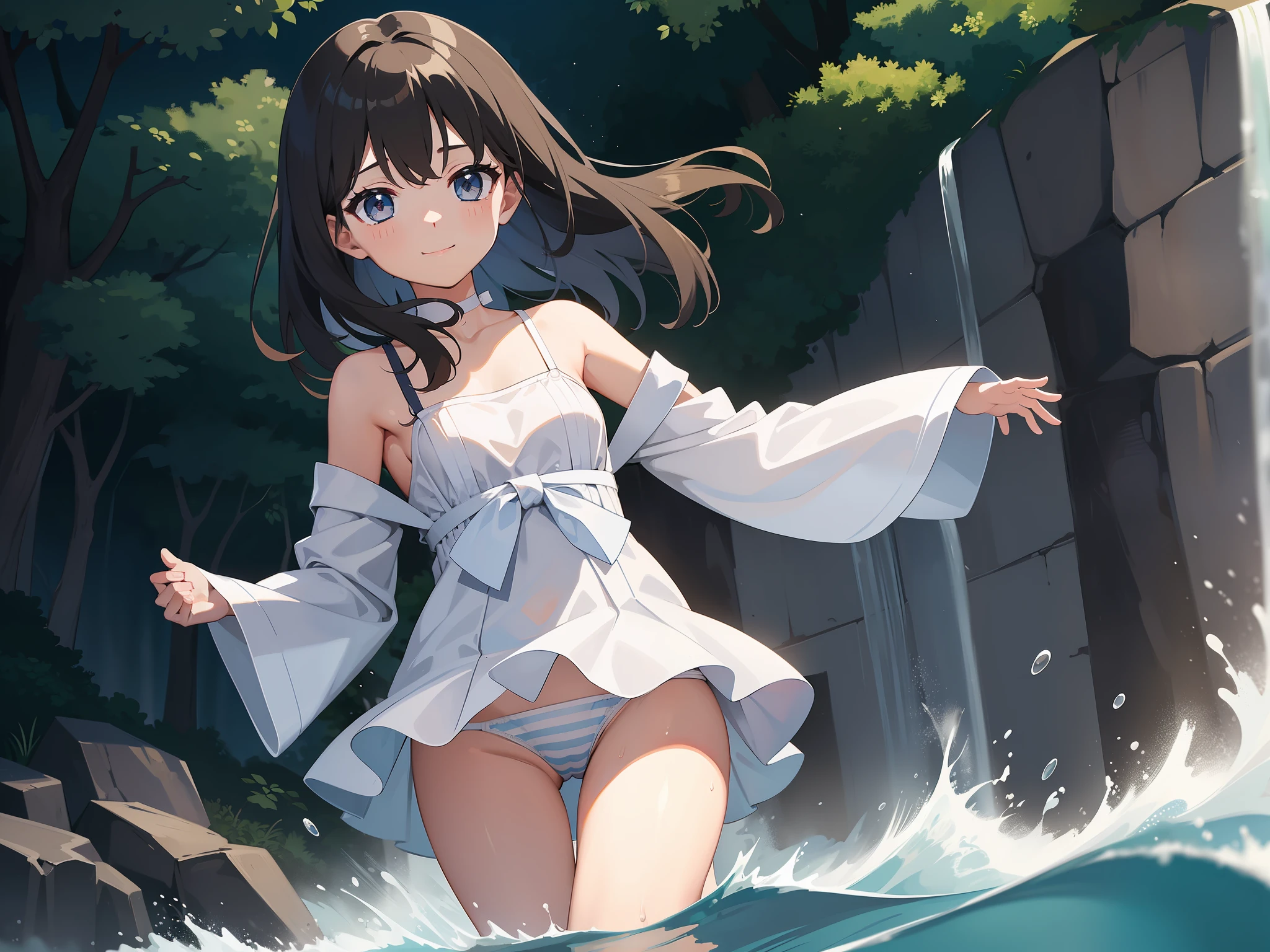 （Elementary school girl in the lower grades）（Gamine）（flat chest）（skinny limbs）（５Head and body）A dark-haired　a smile　White summer dress　Childish white panties with light blue horizontal stripes　River in the countryside　clear stream　Rocky area in front of the waterfall　Ankles immersed in water　squat with your legs slightly open　The wind is blowing　Splashes are rising　clothes wet　Water droplets all over the body　The skirt is twisted　Panties are visible　Panties are wet　genitals show through