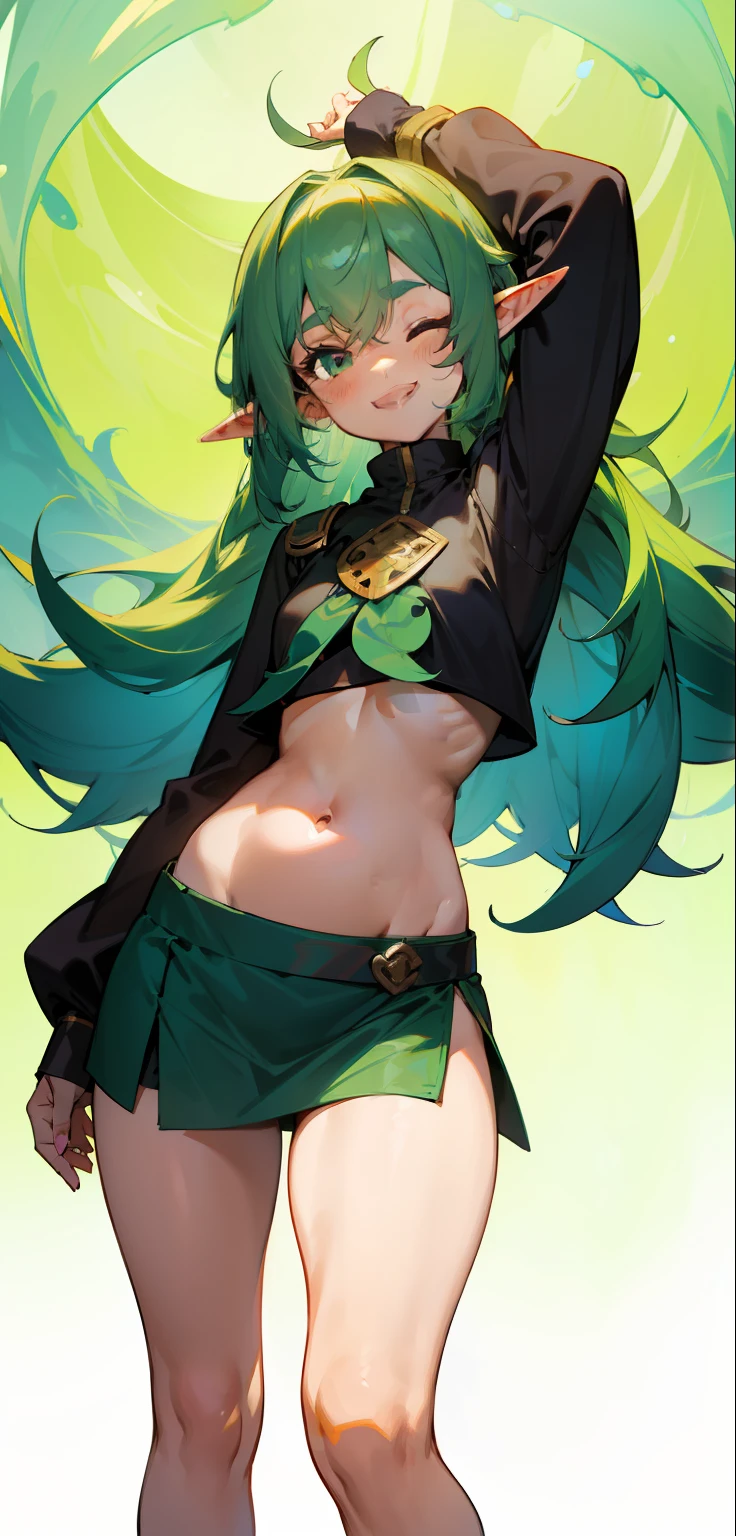 1 Girl, eyes closed, nose, elf ear, eyebrow, smiling, teeth, big green hair, blue hair ends, bangs, hair between eyes, lora:add_detail, short sweatshirt on belly, short skirt, slim waist, belly , big chest, thick legs, big thigh, standing