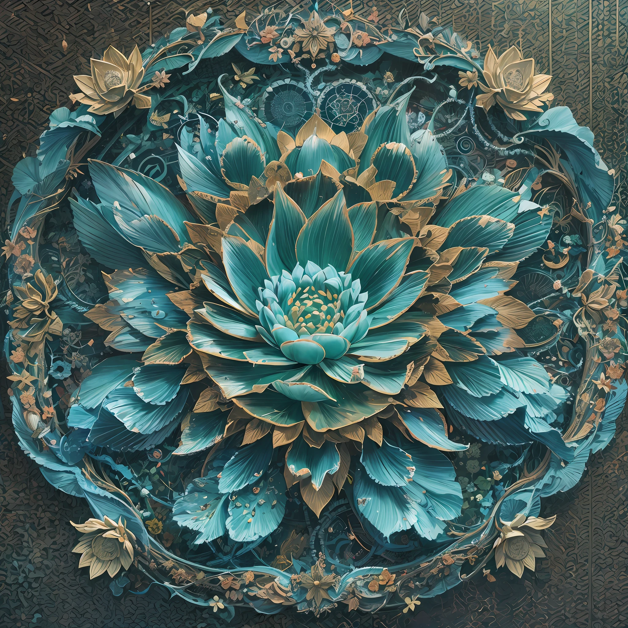 Imagine tranquil scenes inspired by Buddhist philosophy,A vibrant lotus flower stands against a background of intense turquoise tones。The lotus flower symbolizes purity and enlightenment,Intricate petals bloom,emanating a sense of serenity。When you gaze deeper into the image,You will notice an arrangement similar to a mandala,The zodiac signs are elegantly placed。A fusion of Buddhist symbolism with astrological elements,a harmonious integration,Invites contemplation and a sense of eternal connection。(The sculpture is surrealist and realist: 1.5),