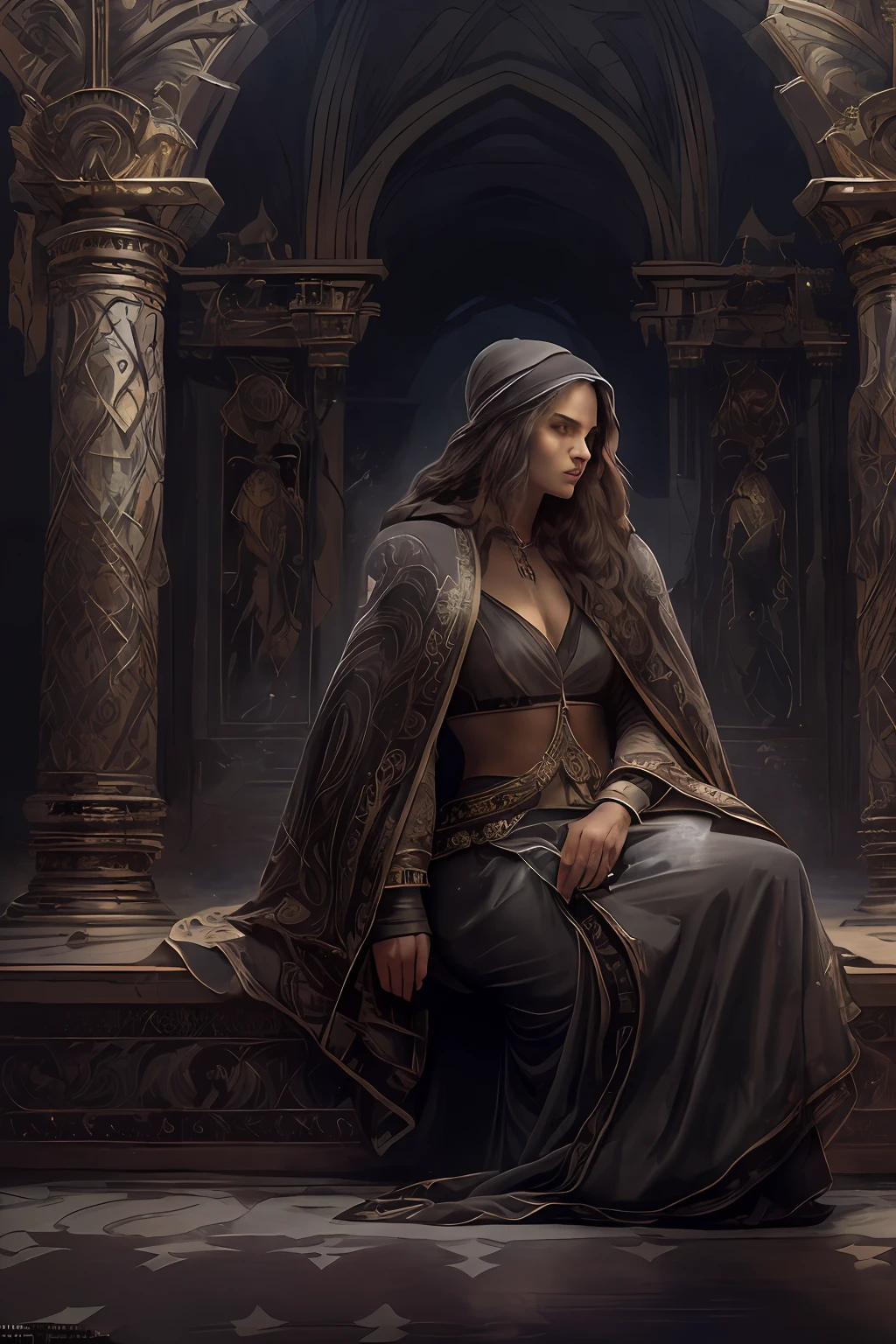 vivid lighting, Side view of a huge ruined room, There is a battle going on, war, confrontation, Duo of a woman and a man, side-view, Hi-Def, ultradetail, European facial features, realeme fentezi, Pattern, portraite of a, side glance: woman's, 46 years old, dark brown long hair, dark eyes, Frowning, A fighting look into the distance, dressed in an old shabby gray cloak,Beautiful handkerchief, wrapped around her head, Hands raised up, Clarity: 8 months, scenery: side view Huge throne room with large windows, A 36-year-old woman in an old raincoat stands near a throne, Ao fundo, Near the throne, A man hugs a woman by the shoulders, Rear side view: A man hugs a woman by the shoulders, Standing behind the throne of steam (((male)), fashion photography, (Full portrait), (half), 独奏, Detailed background, Detailed Face, (stonepunkAI, Stone theme:1.1), wise, (beautiful hair, braid: 0.2), shaman, The partition is harsh, mysterious, (Gorgeous face), Stunning, The head is tilted upwards, (calm expression on his face), Calm, Intimate Interaction. detailed clothes, realistic skin texture, Clear Focus, voluminous lighting, Good moments, Good shadows, sub-surface Scattering, Complex, Highly detailed, ((film)), dramatic, (Highest Quality, Award-winning, Masterpiece: 1.5), (Realism) Next to them are two men with long hair, wlop and andrei riabovitchev, tuomas korpi and wlop, Darius Zawadzki and Tom Bagshaw, Donato Giancola and Tom Bagshaw, James Gurney and Andreas Rocha, rob rey and kentarõ miura, andreas rocha and john howe ,Highly detailed face and body portrait by WLOP. DND Fantasy Art Ilya Kuwshinov's extraordinarily beautiful style about Greg Rutkowski in armor Oil painting of the 1970s Full-length illustration Clear focus Norman Rockwell Pixiv Trending concept Fanbox High-quality cinema Model Madison Beer as Ariana Grande Popart, Thomas