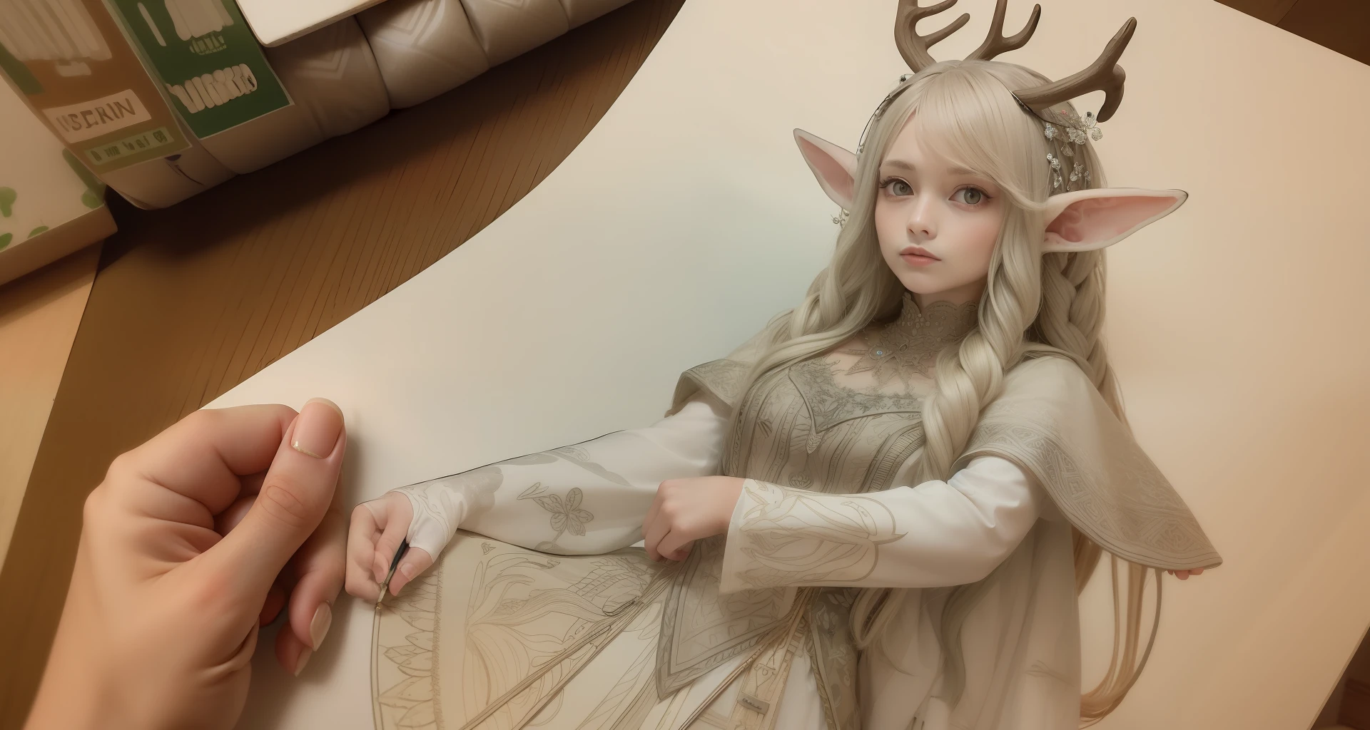 Draw a drawing of a forest girl with elements of deer and elves