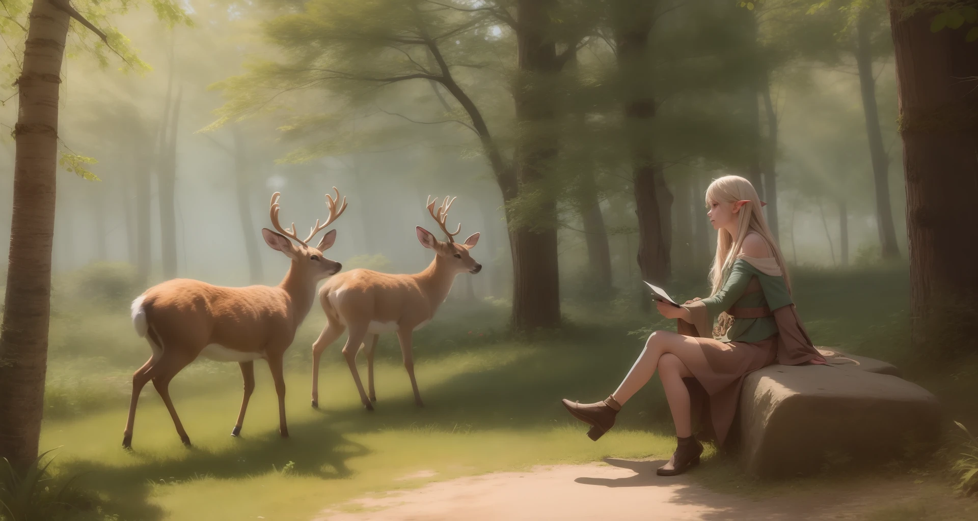 Draw a drawing of a forest girl with elements of deer and elves