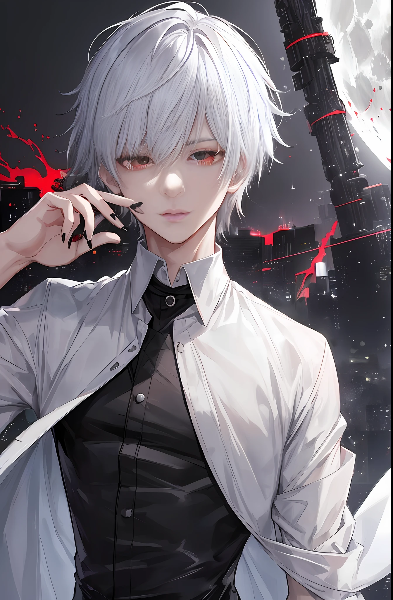 a moon, top-quality, detaileds, ​masterpiece, kaneki ken, 1 juvenile, Male Focus, 独奏, heterochromia iridis, Black background, bangss, red eyes, grey  eyes, shorth hair, The shirt, raise two hands, white  hair, shirt with collar, manicure, Black shirt, cparted lips, looking at viewert, The upper part of the body, tusk, Black nails, High class, 8K, detaileds, Ray traching, depth of fields, 电影灯光, Blood,Cyberpunk City