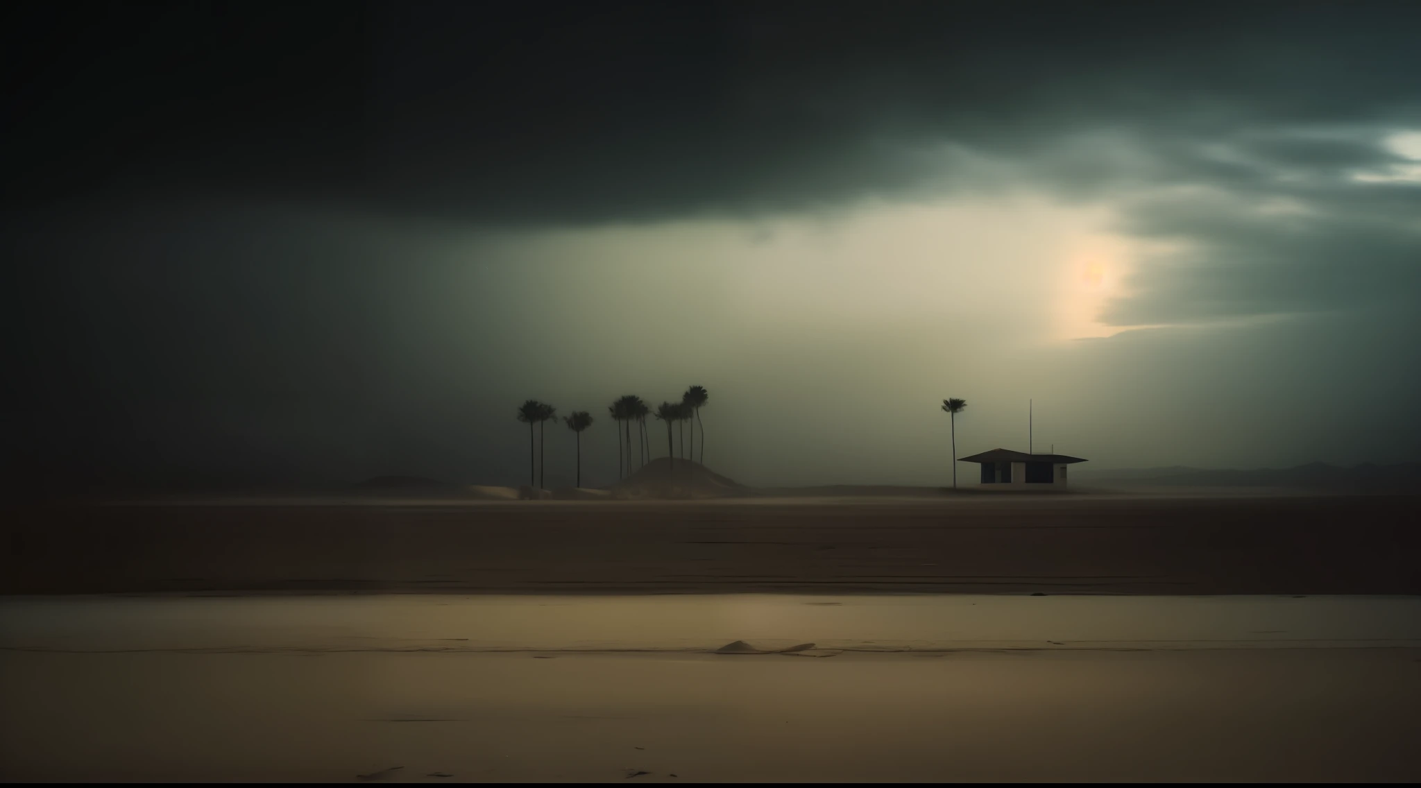 Realistic photograph of a futuristic house in the middle of the Lima desert, Peru, iluminada por un poste electrico, escena nocturna, arbustos secos, escena misteriosa, Dark and temperamental photography, cinema film photography, Espacio liminal, nubes oscuras, Un objeto misterioso, Dark cinematic emptiness in the style of Floria Sigismondi and Matt Mahurin, Ultradetallado, realista, high resolusion, 4k, 8k, UHD, HDR, Detalles intrincados, foto detallada, film still, ((Filtro Black Mist)), ((lente de niebla)) ((Estilo Gregory crewdson))