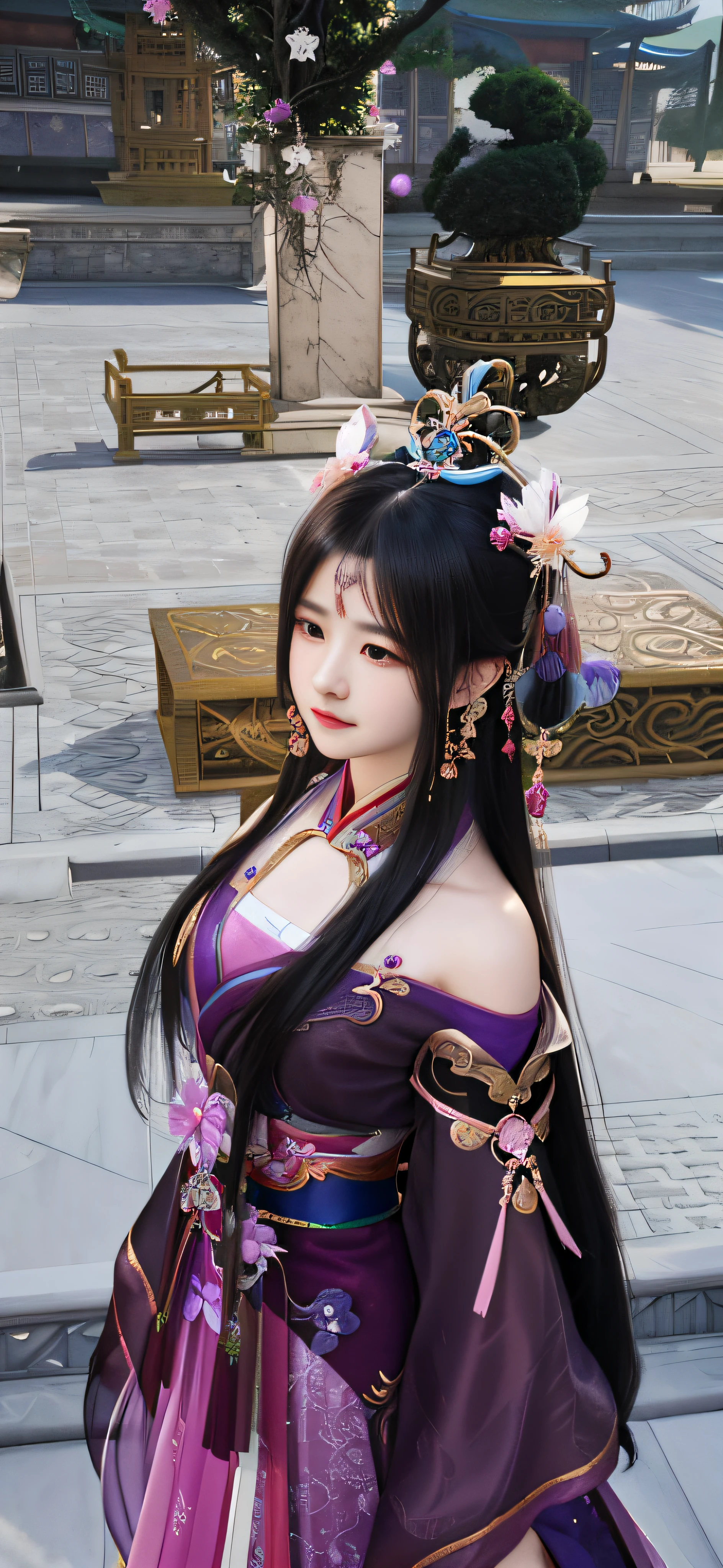 In the courtyard stood a woman in a purple dress, a beautiful fantasy empress, ((a beautiful fantasy empress)), Palace ， A girl in Hanfu, full-body xianxia, Inspired by Lan Ying, Inspired by Qiu Ying, inspired by Du Qiong, inspired by Wang Meng, inspired by Li Mei-shu, Inspired by Huang Ji