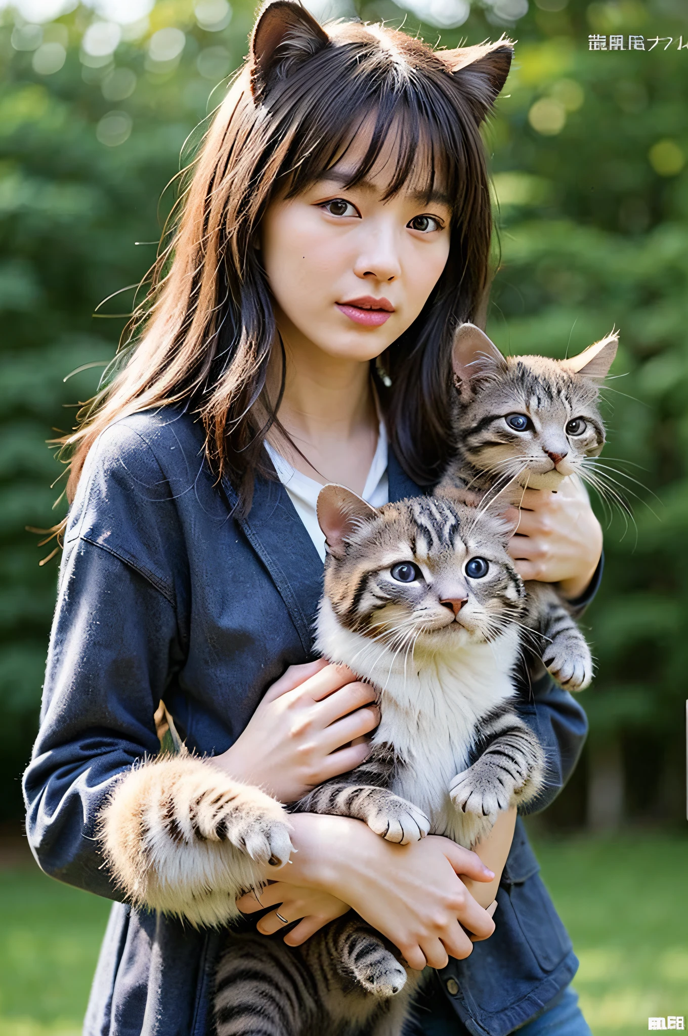 （8k，RAW photos，best qualtiy，tmasterpiece：1.2），highdetailRAWcolorphoto，profesional photo，（realisticlying，photograph realistic：1.37），cinematric light，1girll，Hold the tanuki cat in both hands on the chest。
