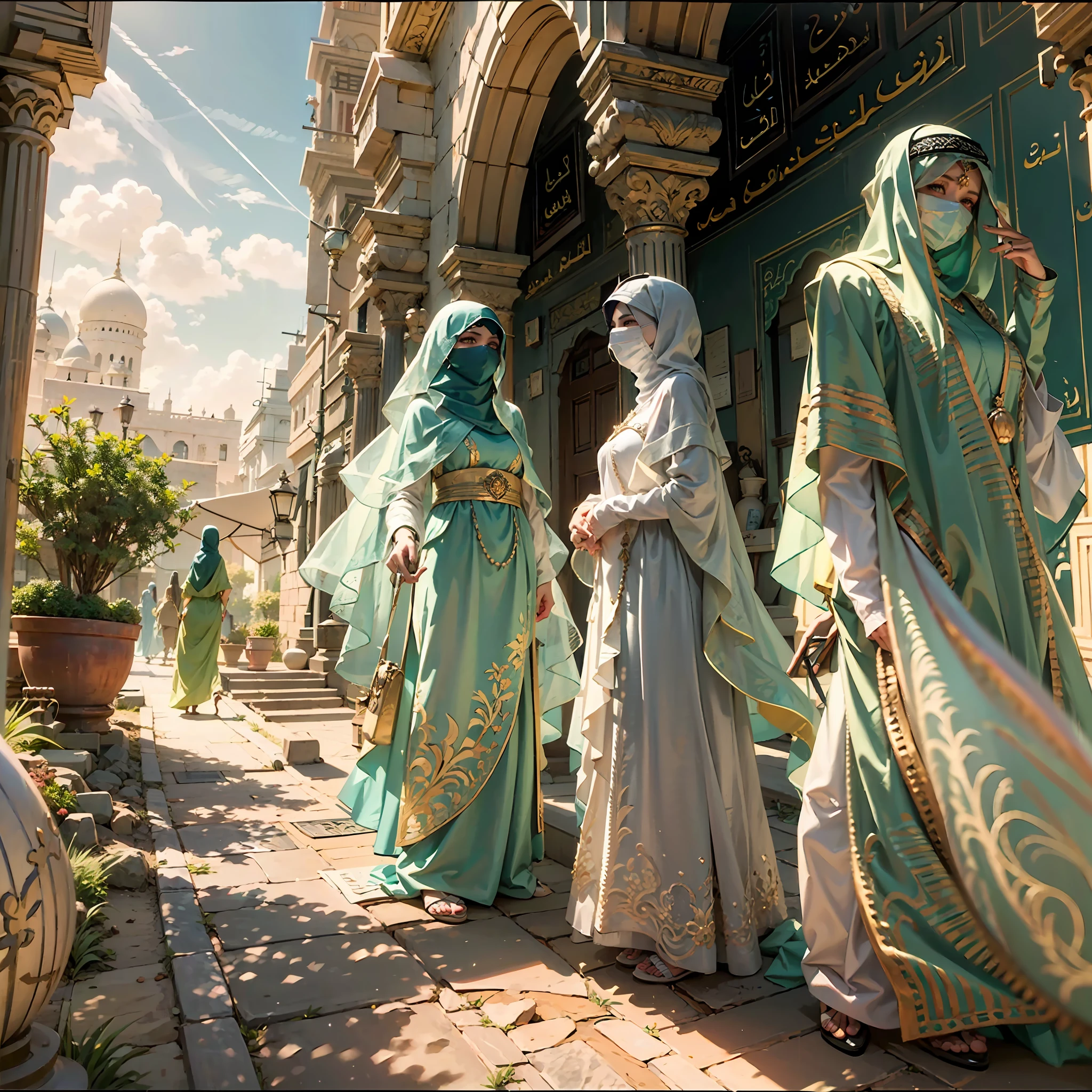 in a panoramic view，photorealestic，8K，with blue sky and white clouds，2 Arab slave girls，Wear a translucent traditional Arabian burqa，Arabic hijab，The Arabian veil is masked，Bind your hands，bound waist，anklet，sat on the ground，Waiting，Eyes seductive，A mask，Gorgeously dressed，A noblewoman in a lavish Arabian burqa，See them up close，Desert oasis，A market outside the luxury Arabic tent cluster，Perfectcomposition，professinal，Meistwick，commissioned，best qualtiy，color corrected，After fixation，Retouching，Improvement，Epic，Tone-mapping，the detail， highly  detailed， digitial painting， art  stations， Conceptual map of the long dam， Smoothness， Sharp focus， Beautiful illustration， photore， The light from the back window is backlighted， 动态照明， Mist， 复杂， cinematic grain， professinal， face to the viewer，（Beautiful m3d_woman， Perfect M3D_face,）， Volumetriclighting， subsurfacescattering， Good highlights， Good shadows， cinematic ligh