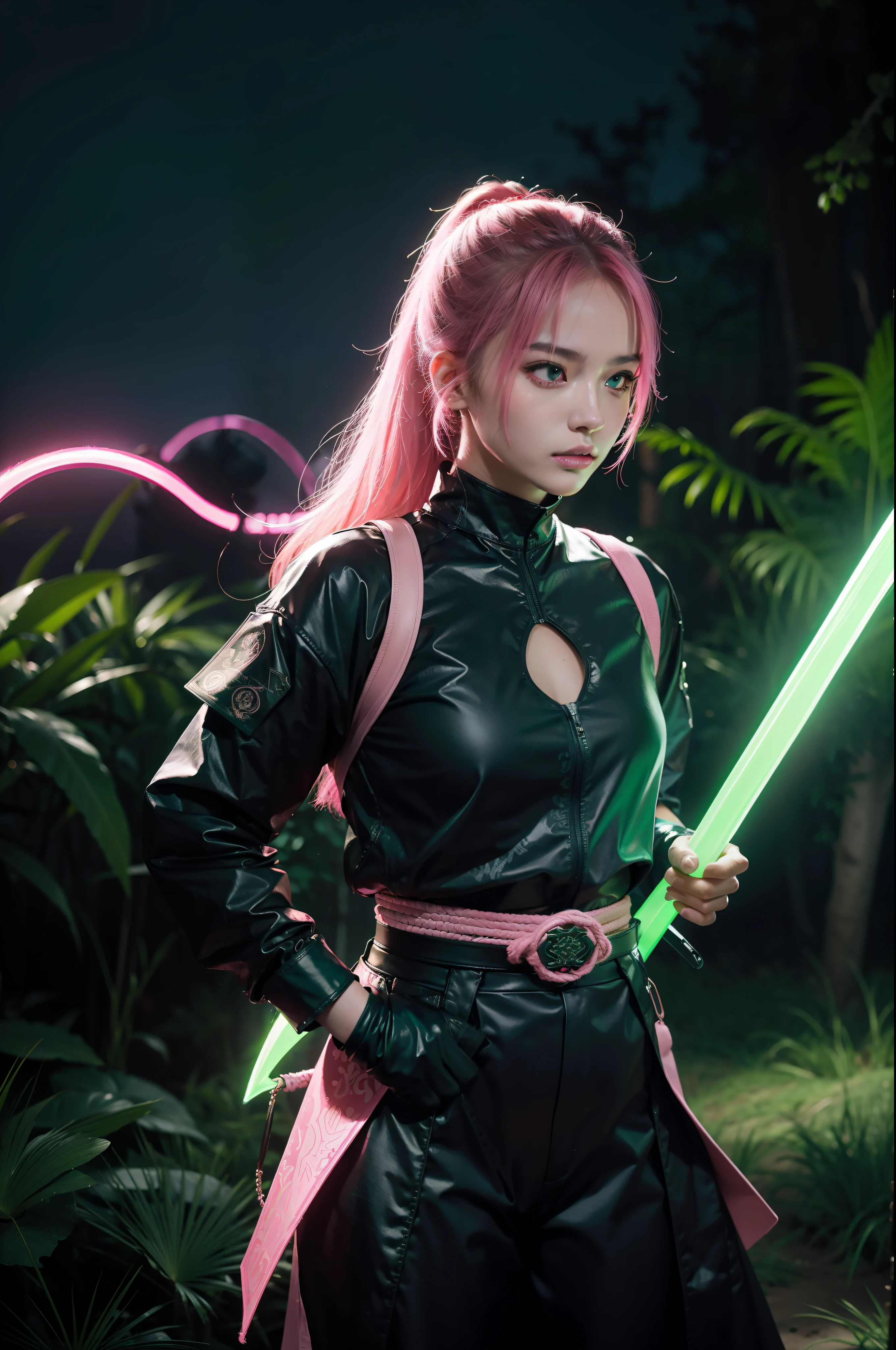 "Artistic Image Types: {Beneath a neon moon, a mesmerizing ninja girl prepares for battle. Her clothing, intricately woven with neon threads, mirrors the patterns of constellations. As she readies her sword, the blade's neon edge blazes brightly. The demon emblem, embedded on her mask, suggests a deeper, darker narrative beneath her radiant exterior}, Neon Samurai, Neon-Lit Forest, Ready to Strike Pose, (Green and Pink Neon Lighting:1.3), (Digital Painting:1.2), (4K:1.3). Environment: A dense forest where neon flora provides an ethereal illumination."