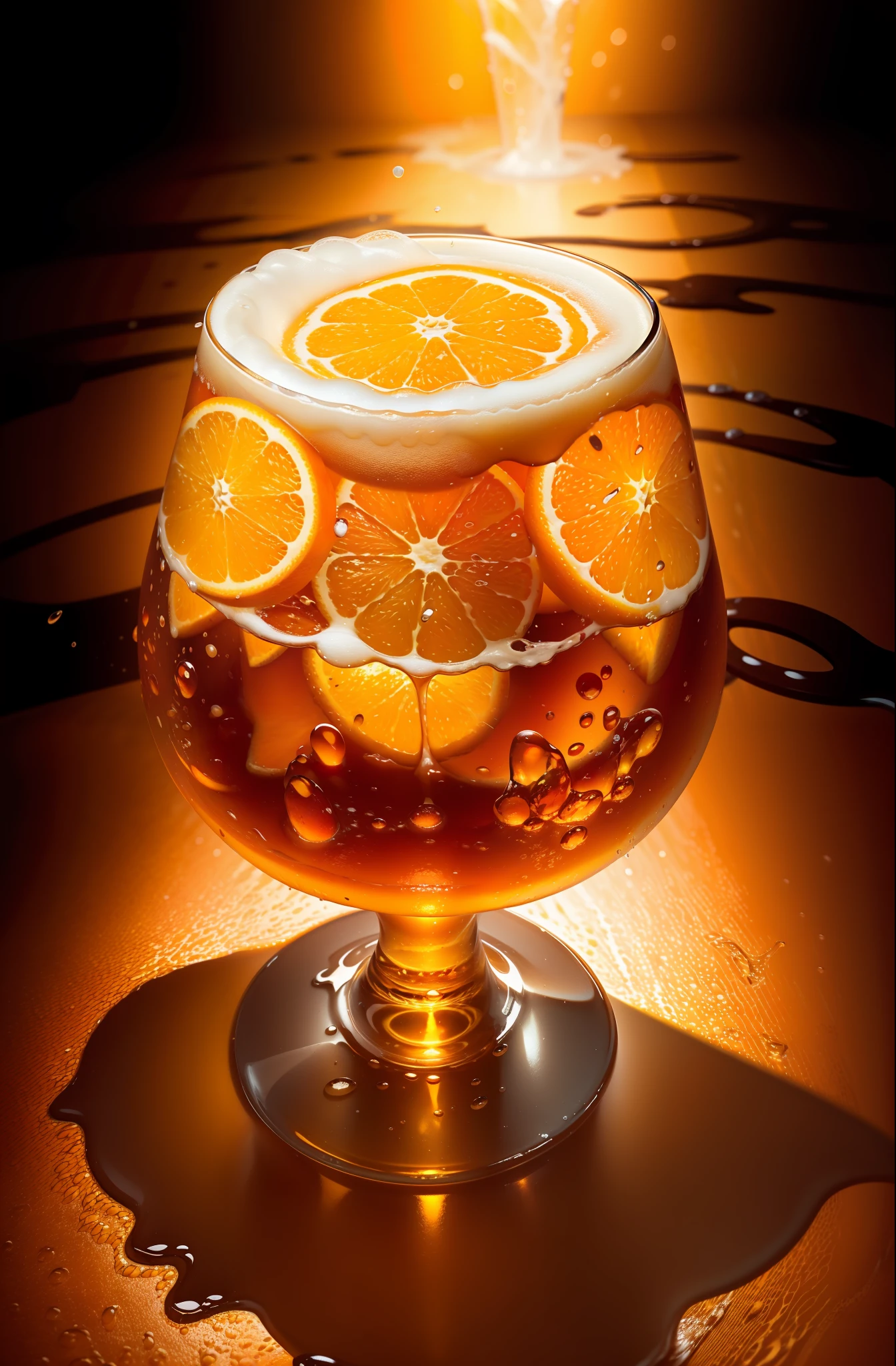 The background is cool tones,Water splashed into a glass of beer,Beer orange,The orange,realisticlying,photorealestic,Amazing food photography,4K food photography,4K food photography,high speed photography,Slow motion,ultra high speed photography,Food photography photography