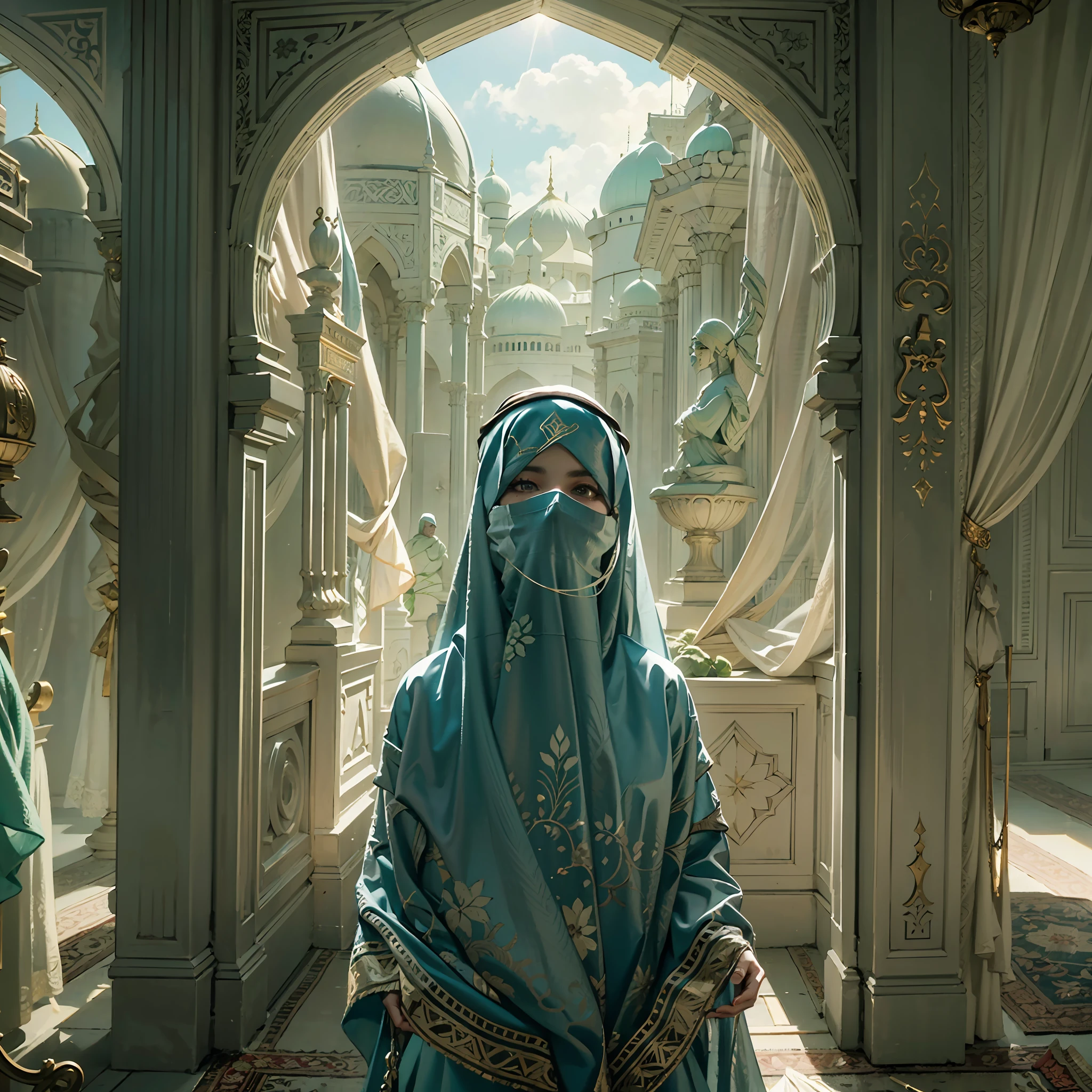 in a panoramic view，photorealestic，8K，with blue sky and white clouds，2 Arab slave girls，Wear a translucent traditional Arabian burqa，Arabic hijab，The Arabian veil is masked，Bind your hands，bound waist，anklet，sat on the ground，Waiting，Eyes seductive，A mask，Gorgeously dressed，A noblewoman in a lavish Arabian burqa，See them up close，Desert oasis，A market outside the luxury Arabic tent cluster，Perfectcomposition，professinal，Meistwick，commissioned，best qualtiy，color corrected，After fixation，Retouching，Improvement，Epic，Tone-mapping，the detail， highly  detailed， digitial painting， art  stations， Conceptual map of the long dam， Smoothness， Sharp focus， Beautiful illustration， photore， The light from the back window is backlighted， 动态照明， Mist， 复杂， cinematic grain， professinal， face to the viewer，（Beautiful m3d_woman， Perfect M3D_face,）， Volumetriclighting， subsurfacescattering， Good highlights， Good shadows， cinematic ligh