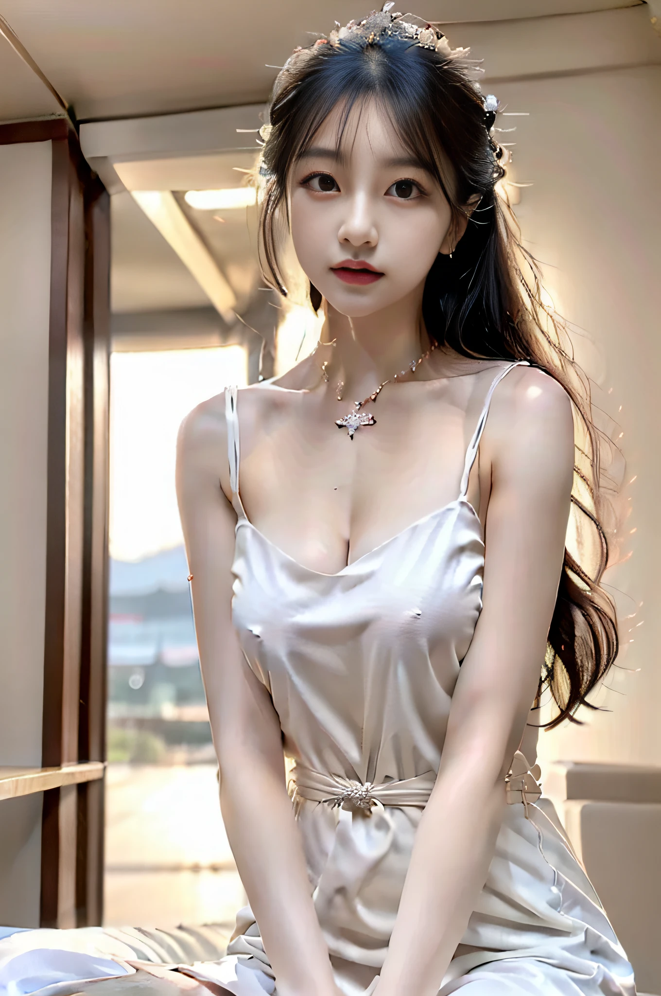Alfield asian woman sitting on sofa wearing white dress, revealing breasts,Exposed milk,Expose cleavage, high qulity, looks into camera, Ultra-clear,model photo,Beautiful girl model, Good young girl, Attractive pose,V-breasted clothing